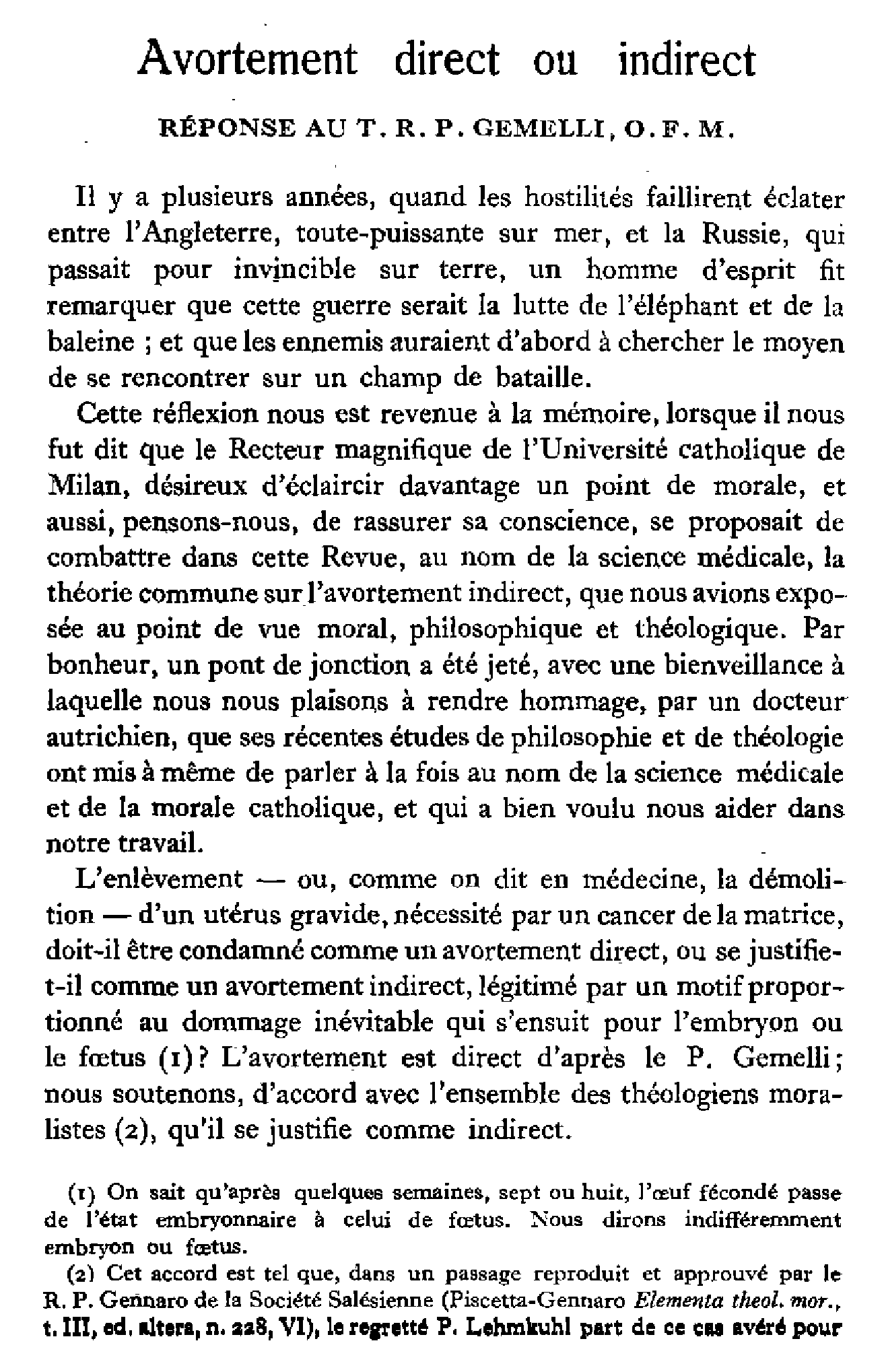 Avortement direct ou indirect. Réponse au T.R.P. GEMELLI, o.f.m.