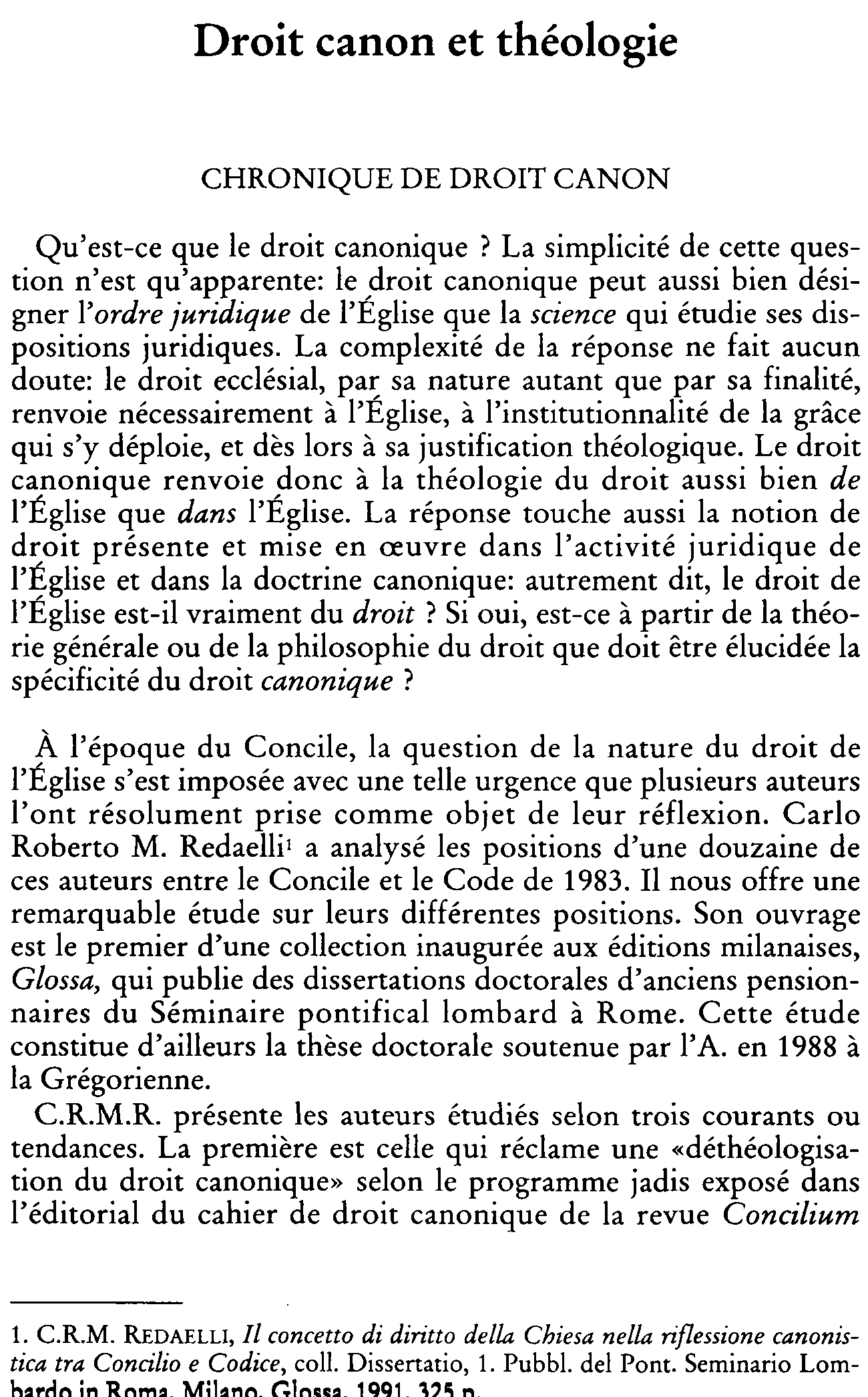 Droit canon et théologie. Chronique de droit canon