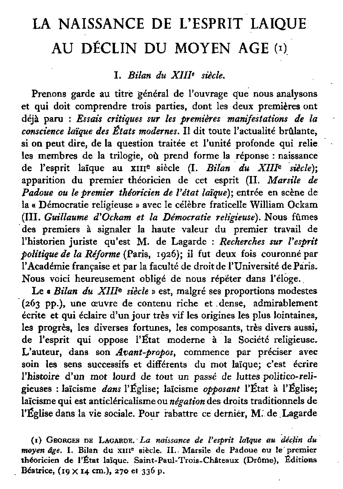 La naissance de l'esprit laïque au déclin du Moyen Age