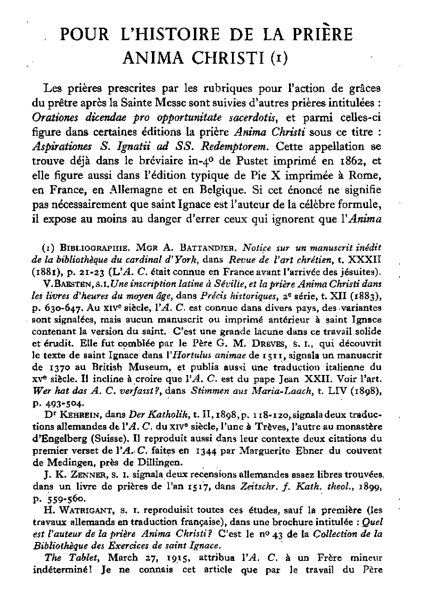 Pour l'histoire de la prière. Anima Christi