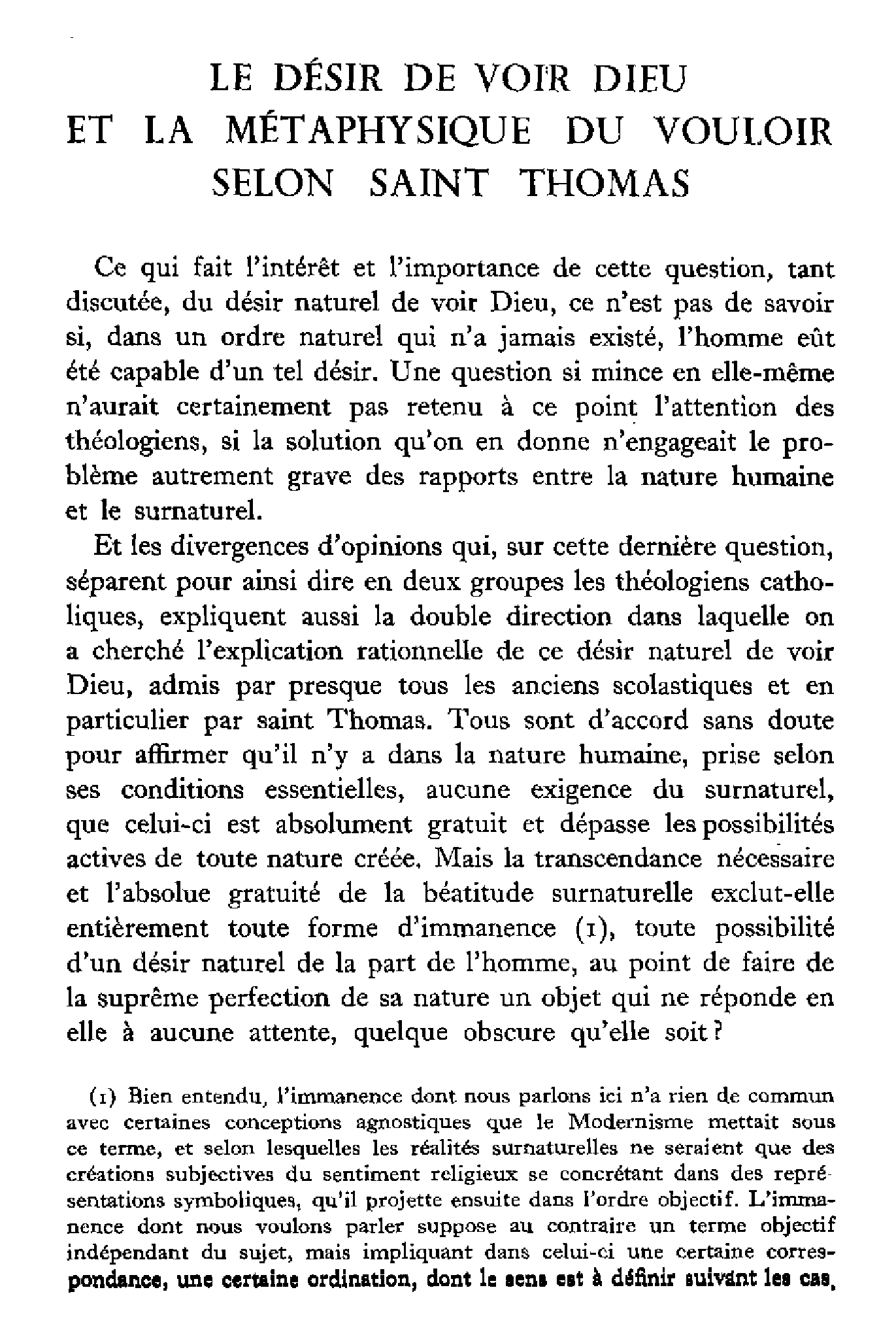 Le désir de voir Dieu et la métaphysique du vouloir selon Saint Thomas (1)