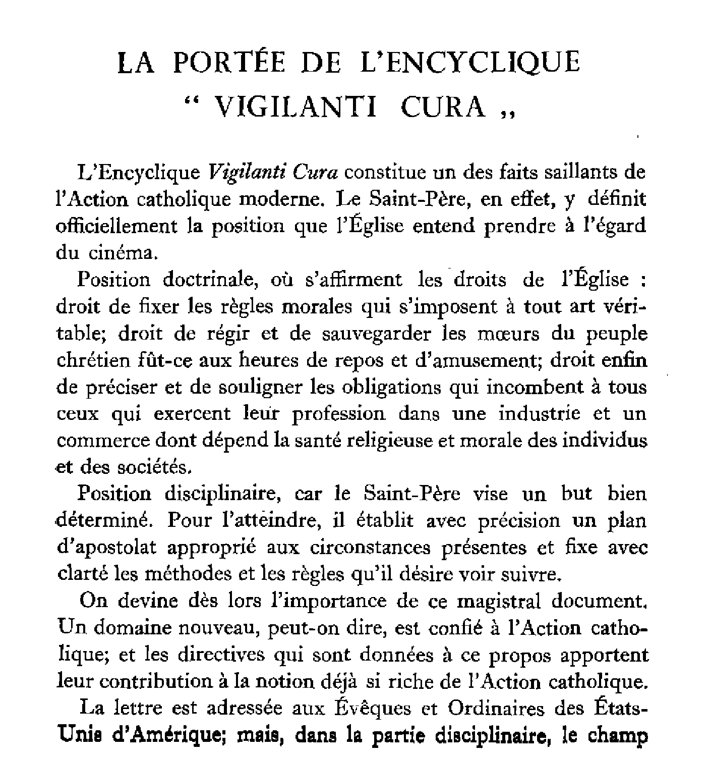 La portée de l'encyclique 'Vigilanti Cura'
