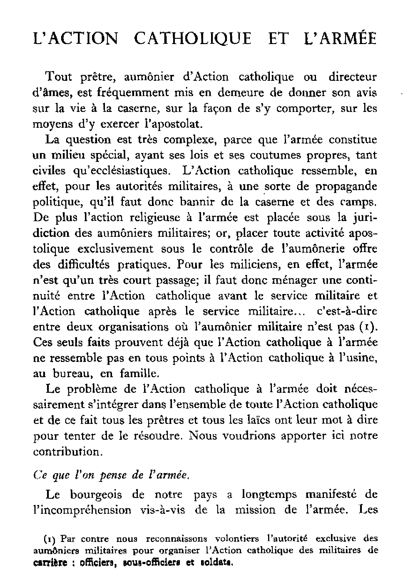 L'action catholique et l'armée