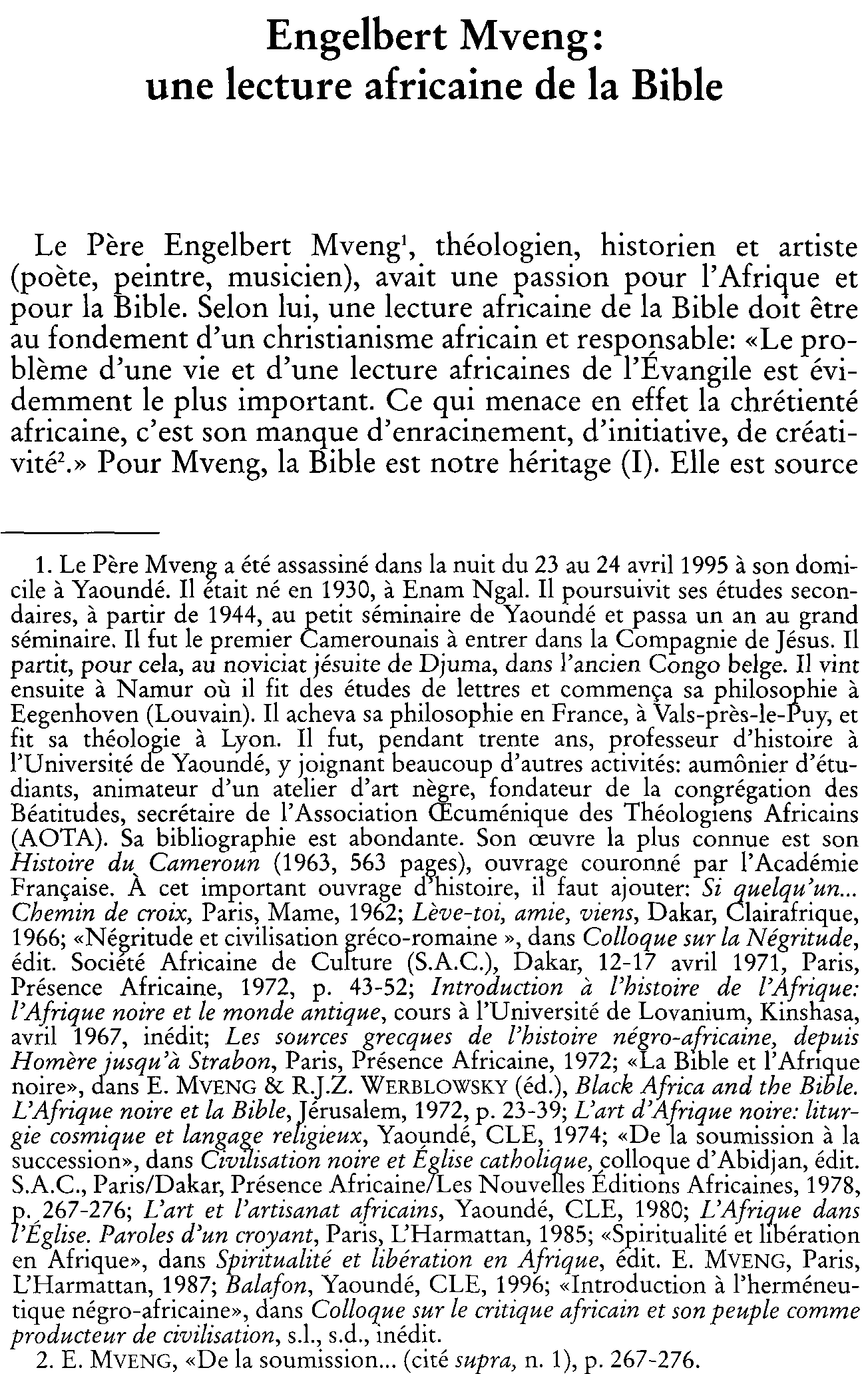 Engelbert Mveng: une lecture africaine de la Bible