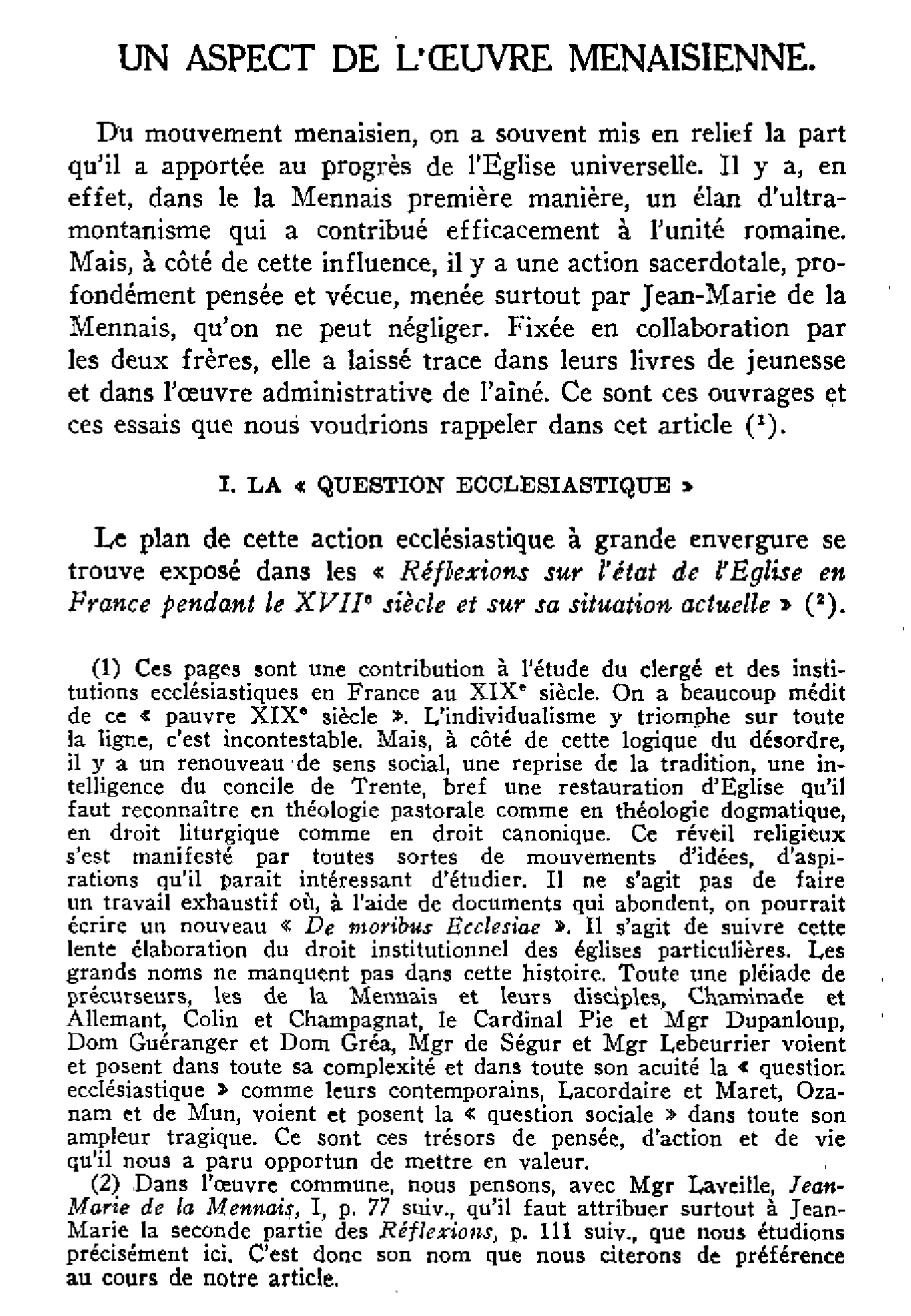 Un aspect de l'oeuvre Ménaisienne (1)
