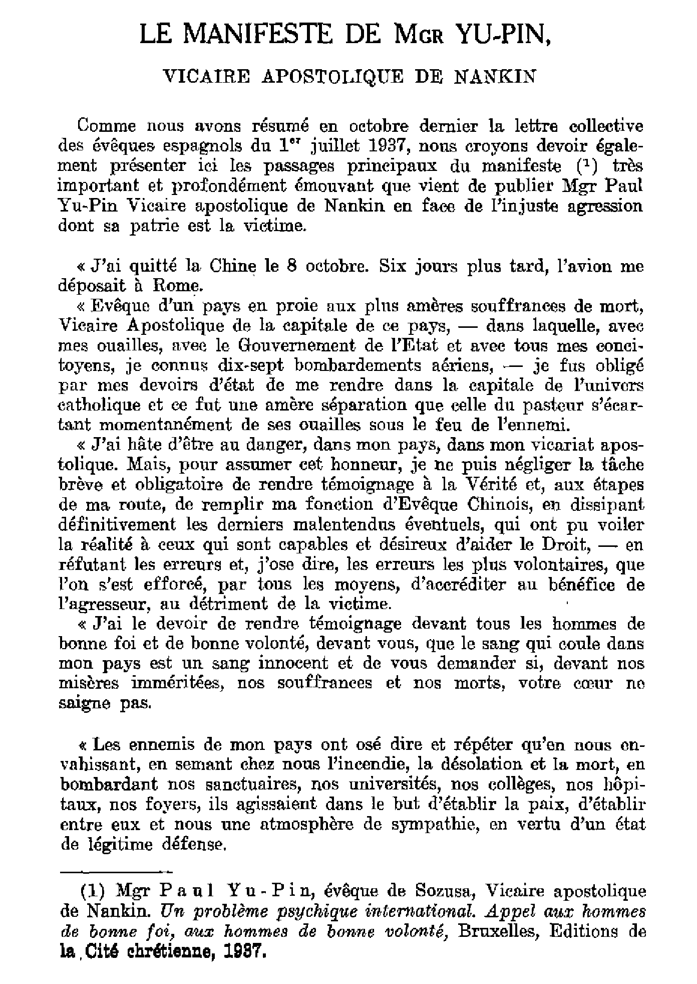 Le manifeste de Mgr Yu-Pin, Vicaire apostolique de Nankin