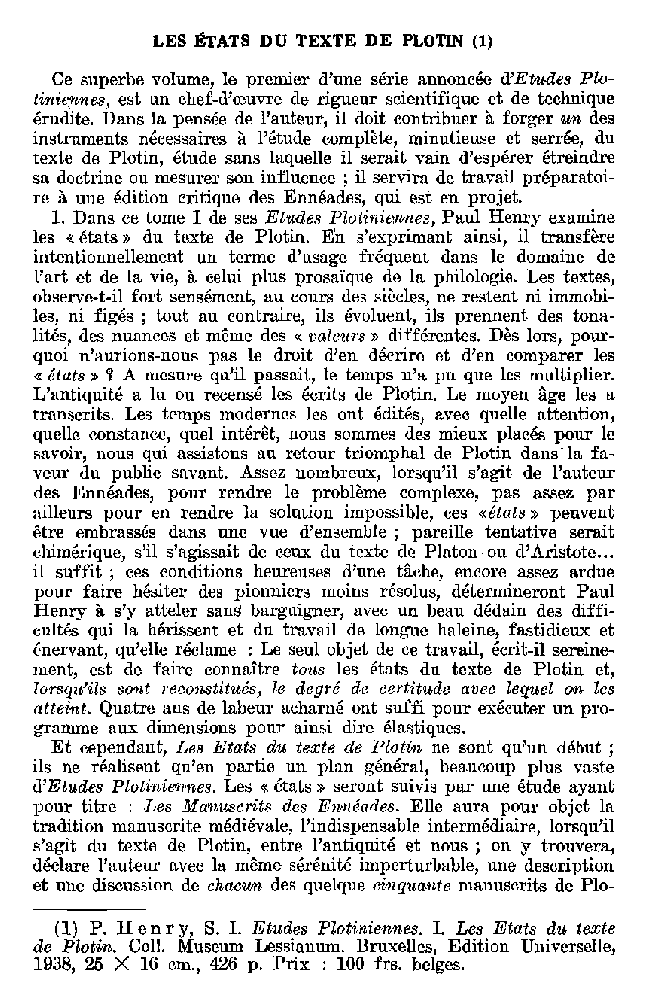 Les états du texte de Plotin