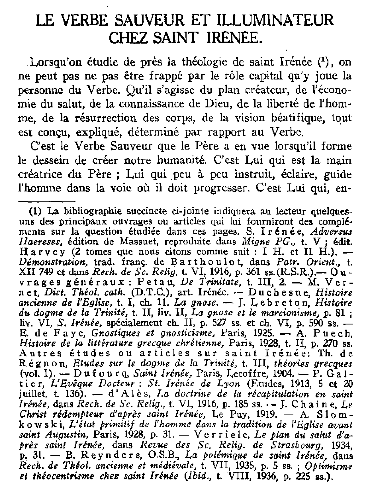 Le Verbe sauveur et illuminateur chez Saint Irénée. Le plan créateur de Dieu.
