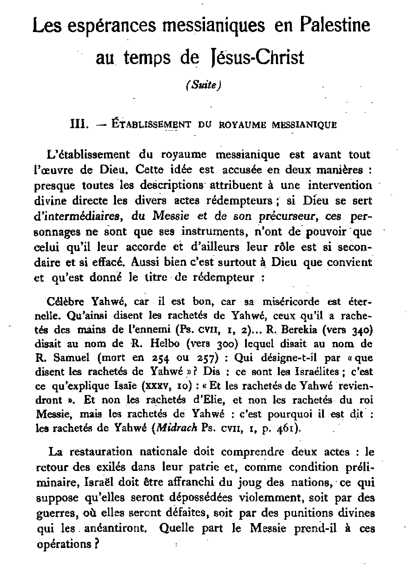 Les espérances messianiques en Palestine au temps de Jésus-Christ (I) (suite)