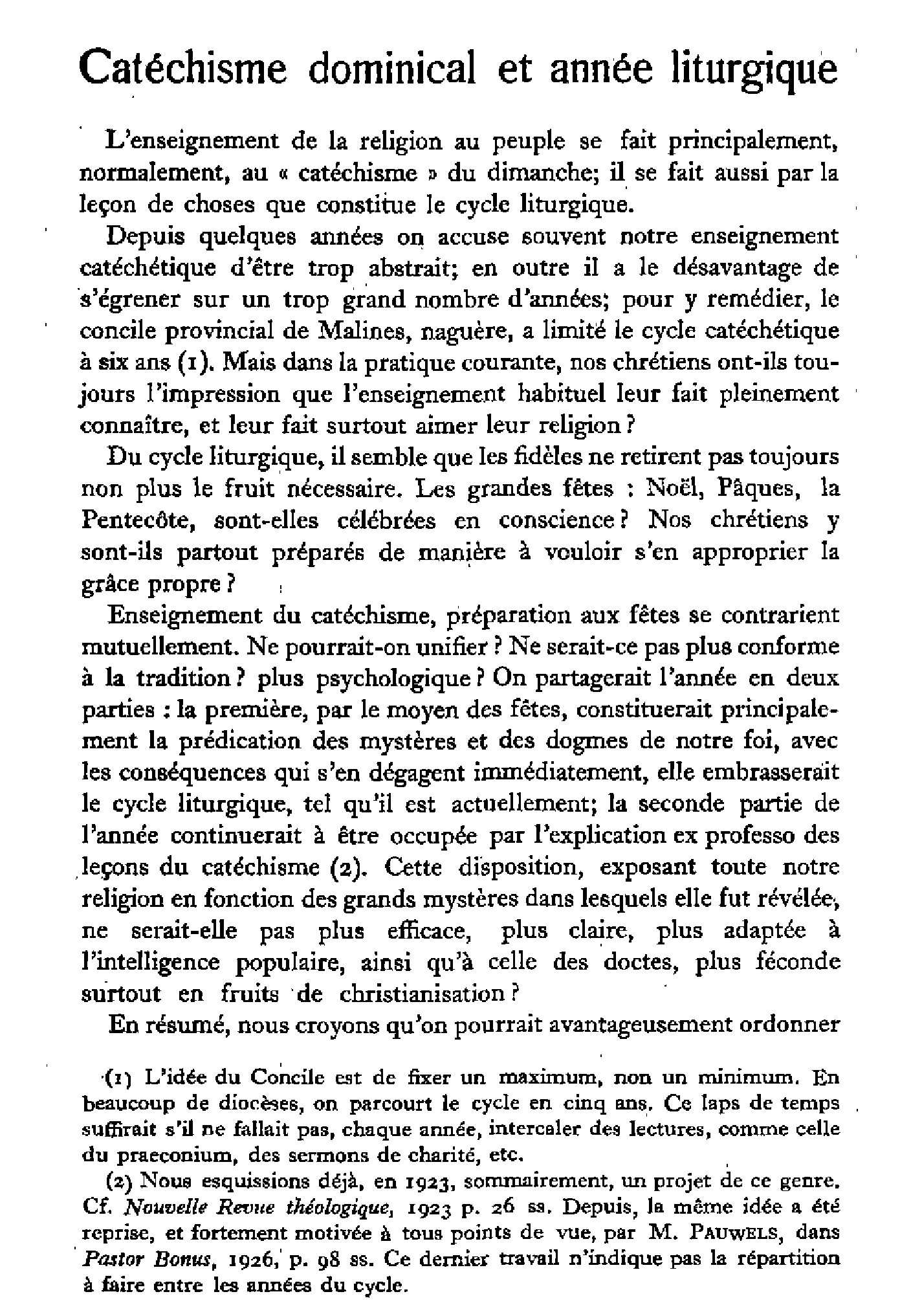 Catéchisme dominical et année liturgique