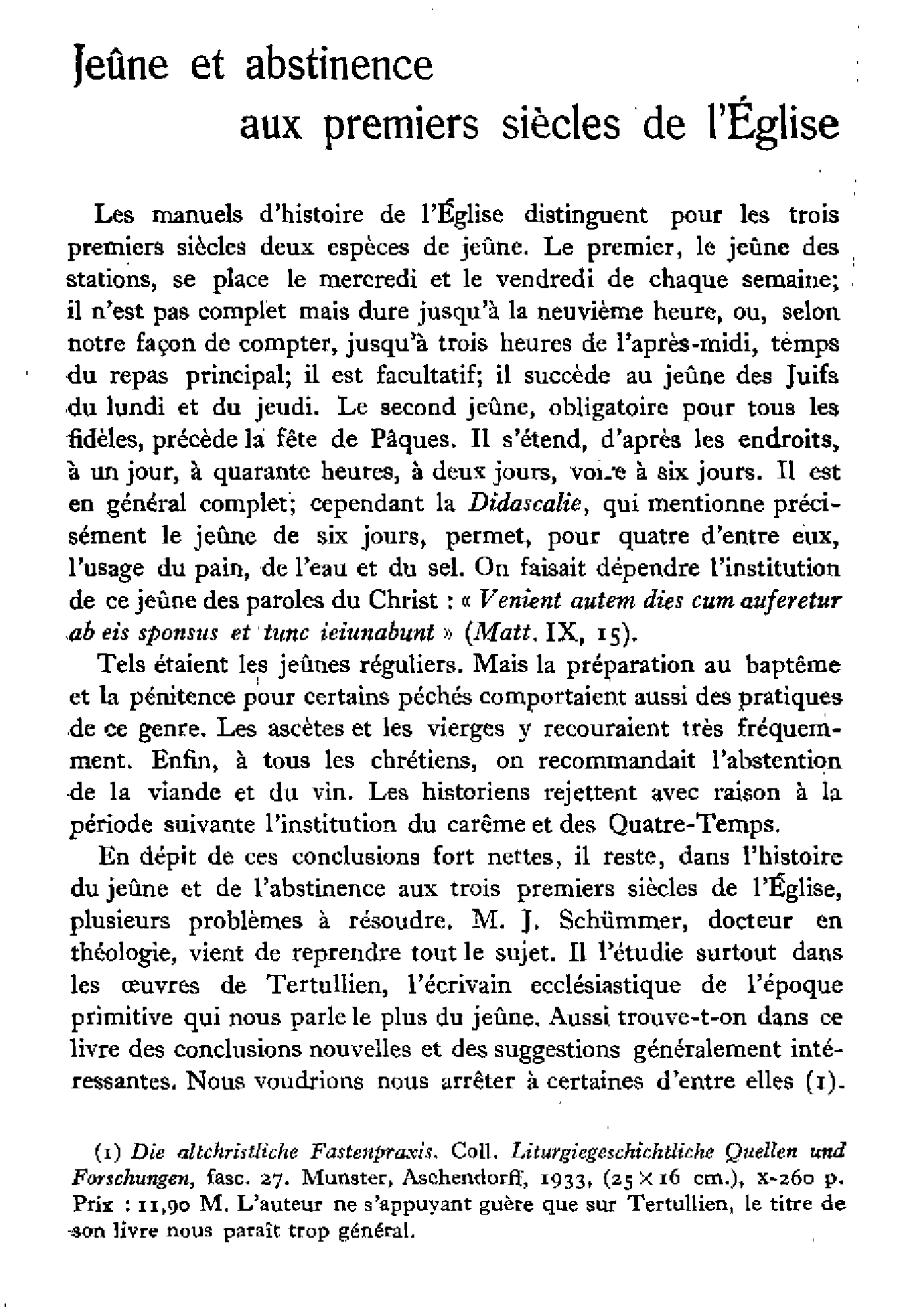 Jeûne et abstinence aux premiers siècles de l'Eglise