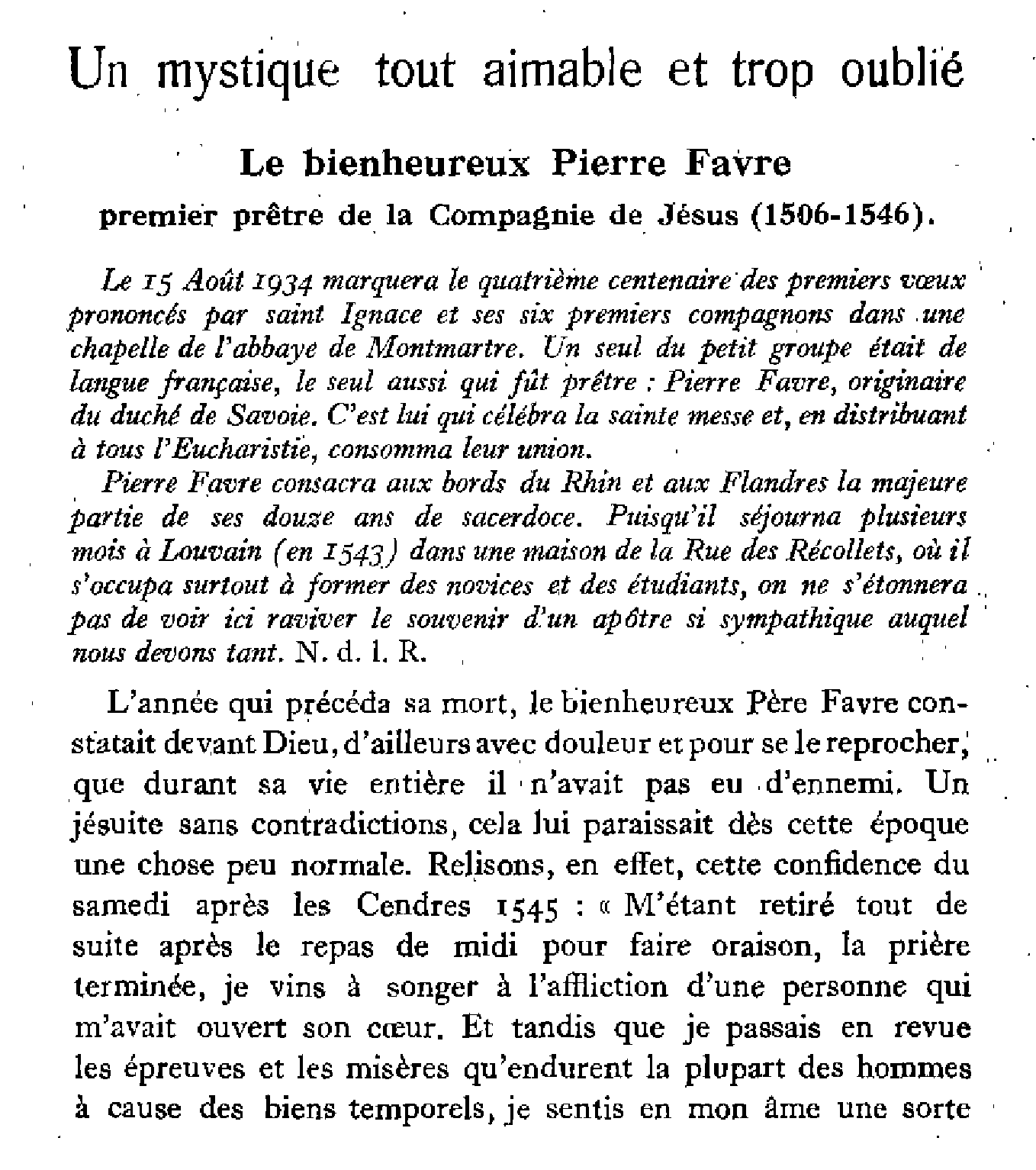 Un mystique tout aimable et trop oublié. Le bienheureux Pierre Favre