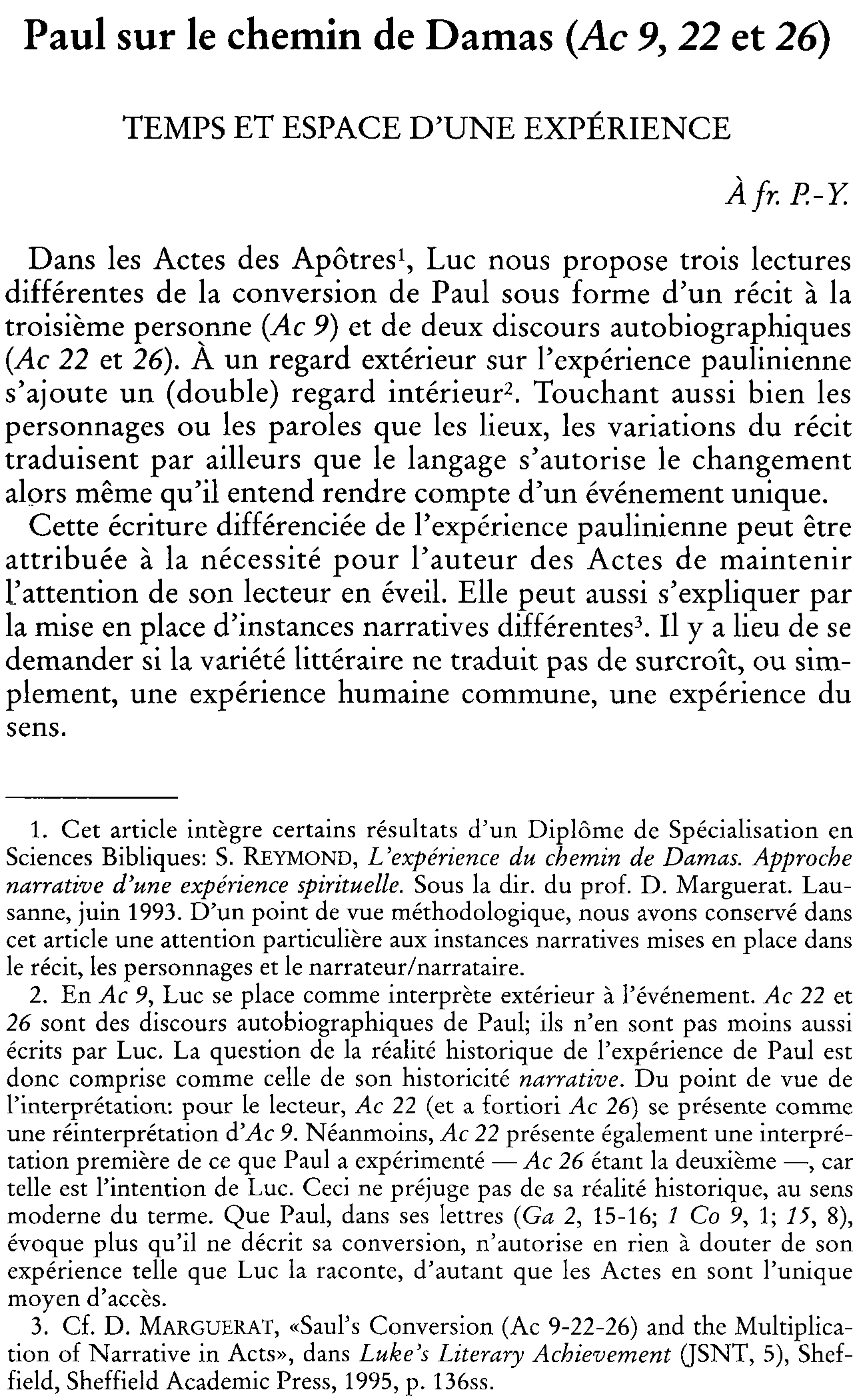 Paul sur le chemin de Damas (Ac 9, 22 et 26). Temps et espace d'une expérience