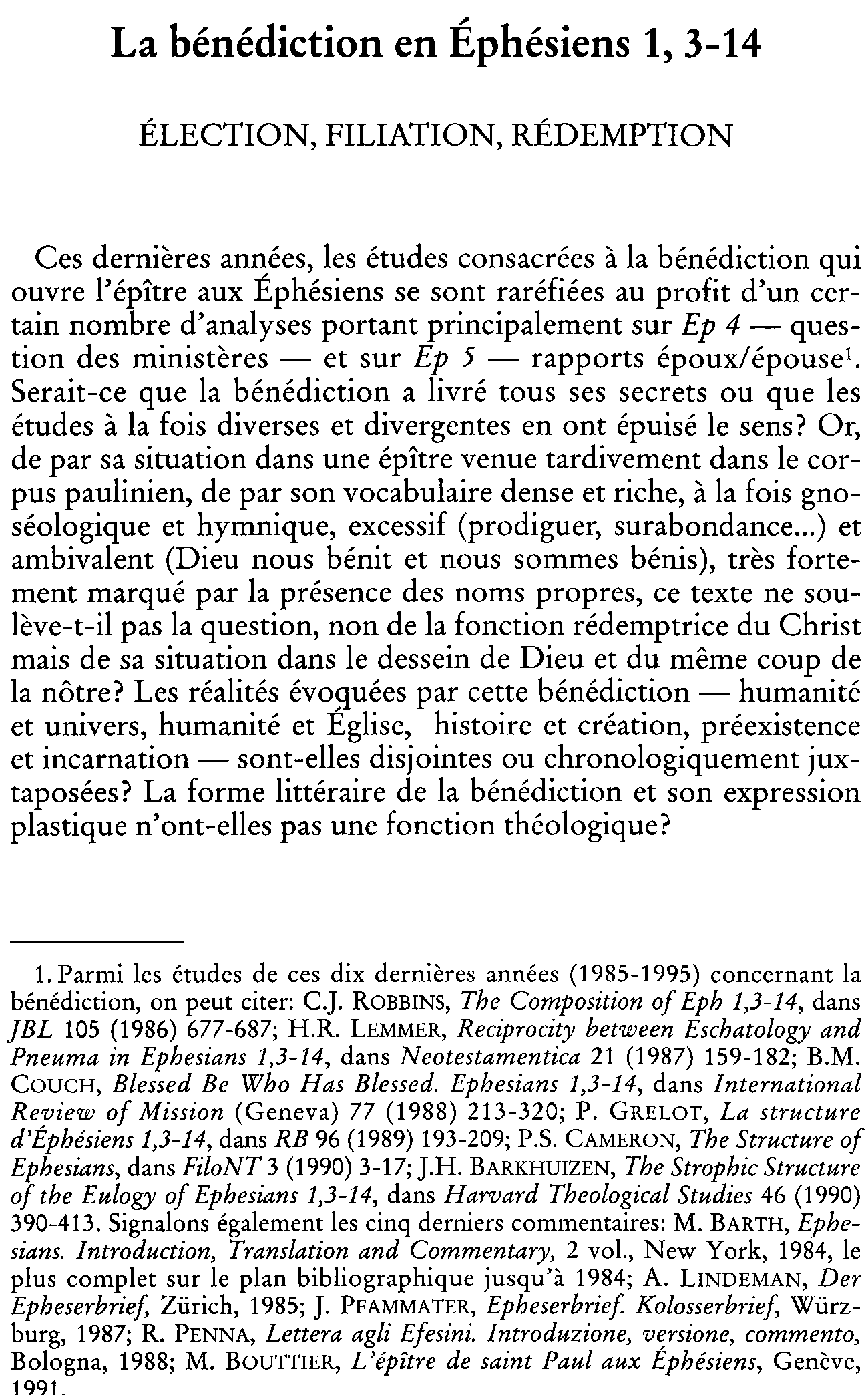 La bénédiction en Éphésiens 1, 3-14. Élection, filiation, rédemption