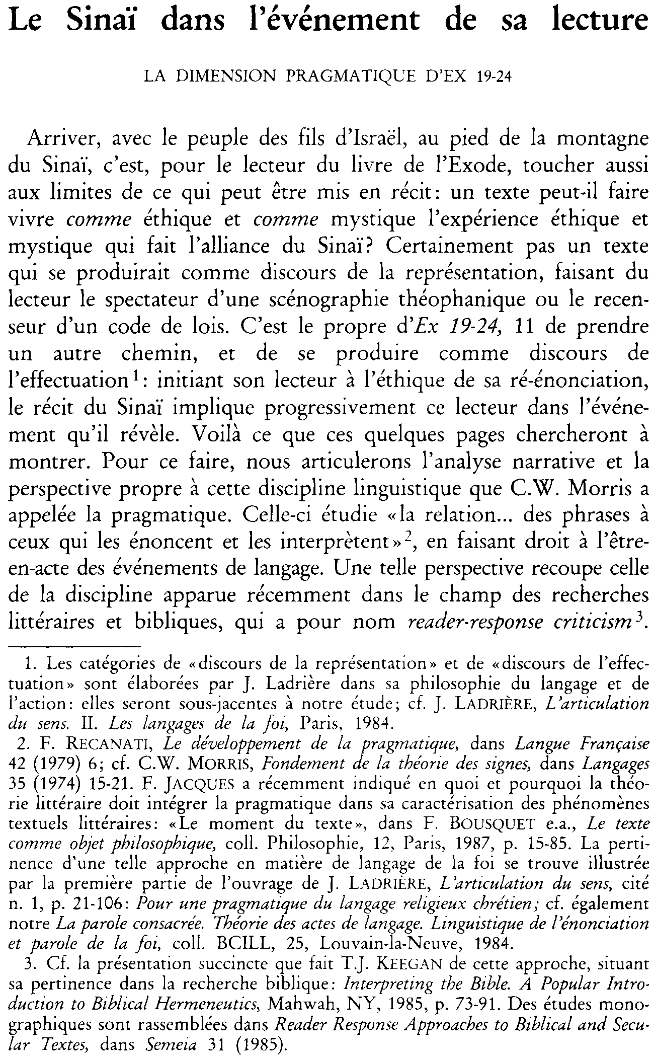 Le Sinaï dans l'événement de sa lecture. La dimension pragmatique d'Ex 19-24