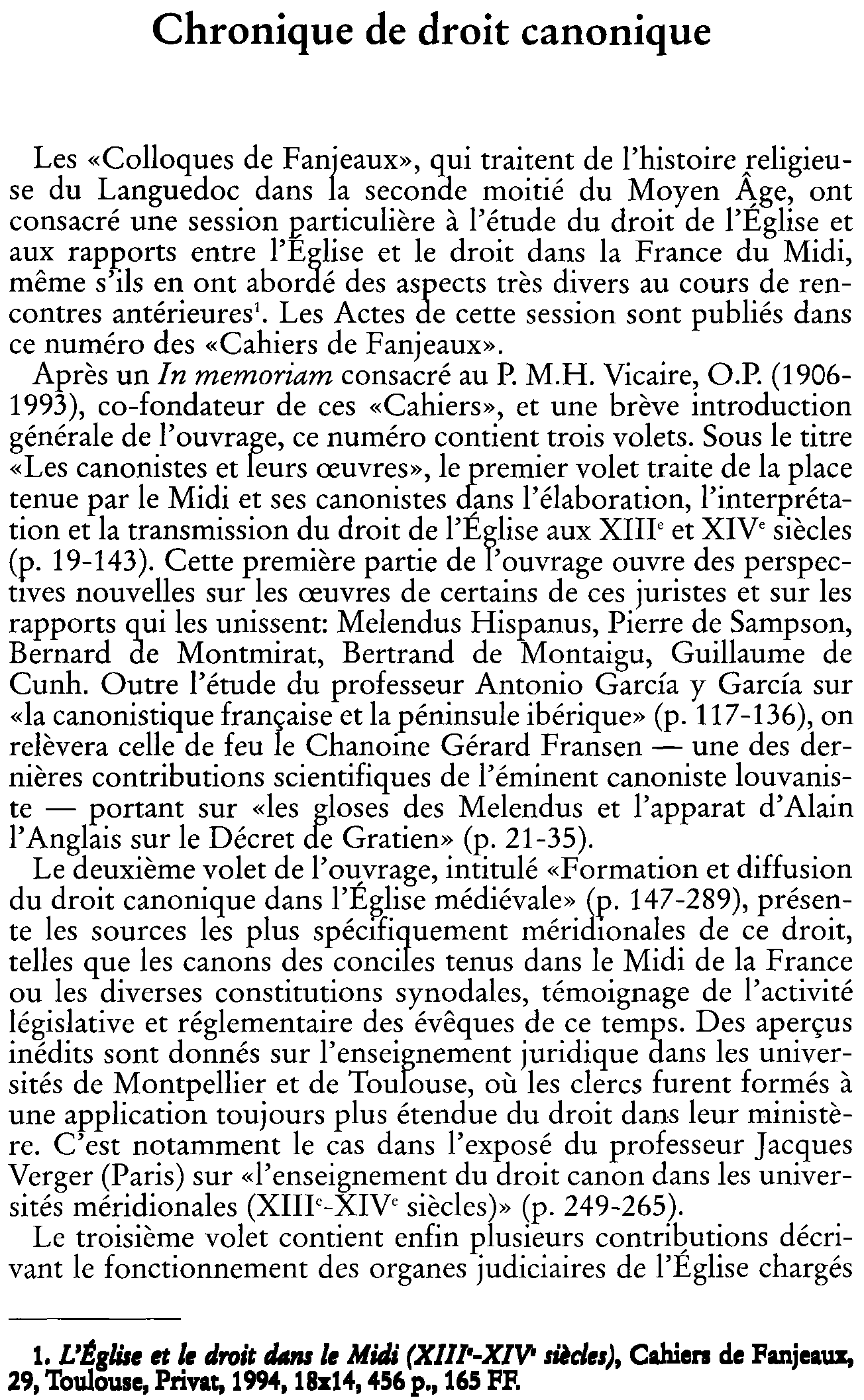 Chronique de droit canonique