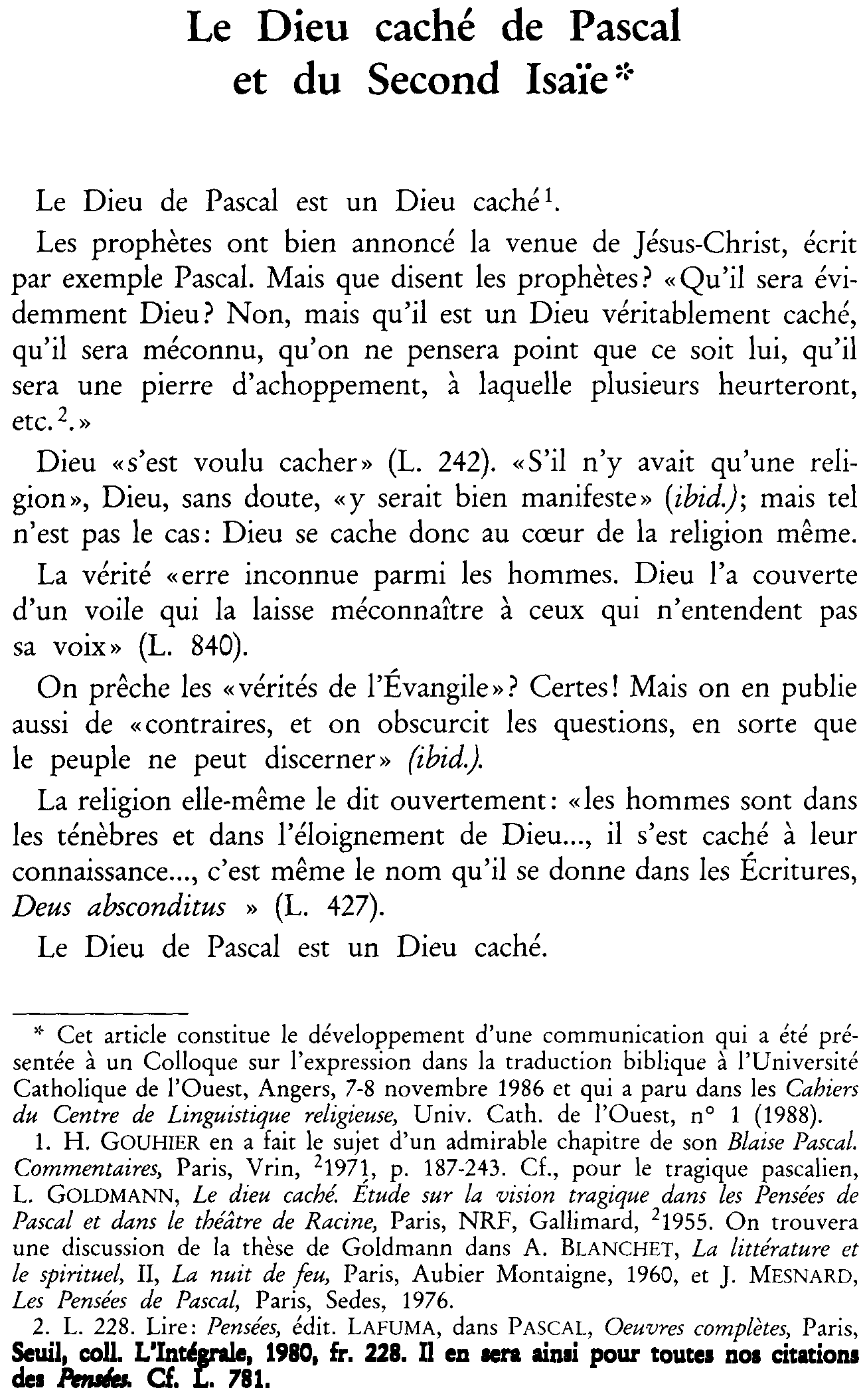 Le Dieu caché de Pascal et du Second Isaïe
