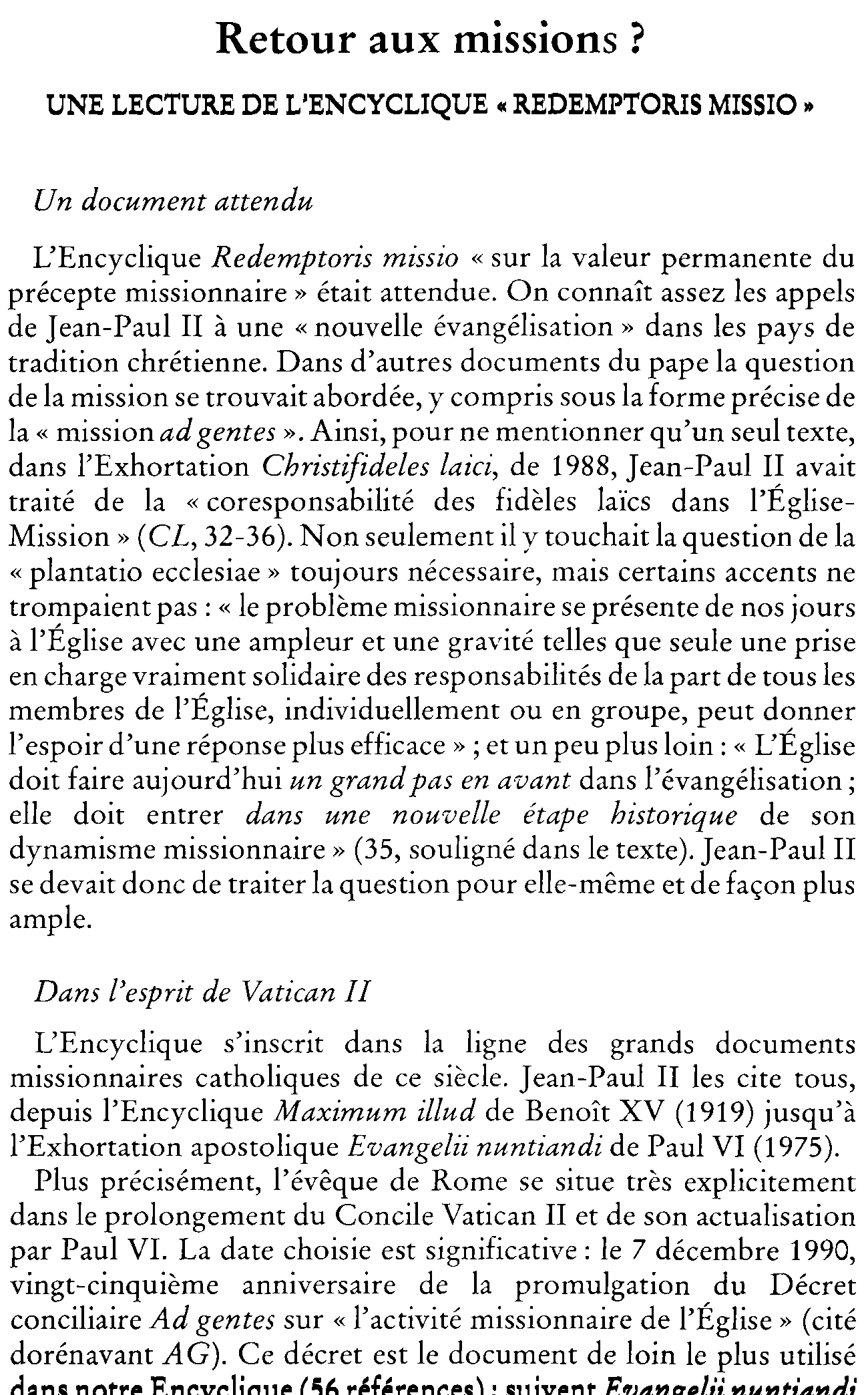 Retour aux missions? Une lecture de l'Encyclique Redemptoris missio