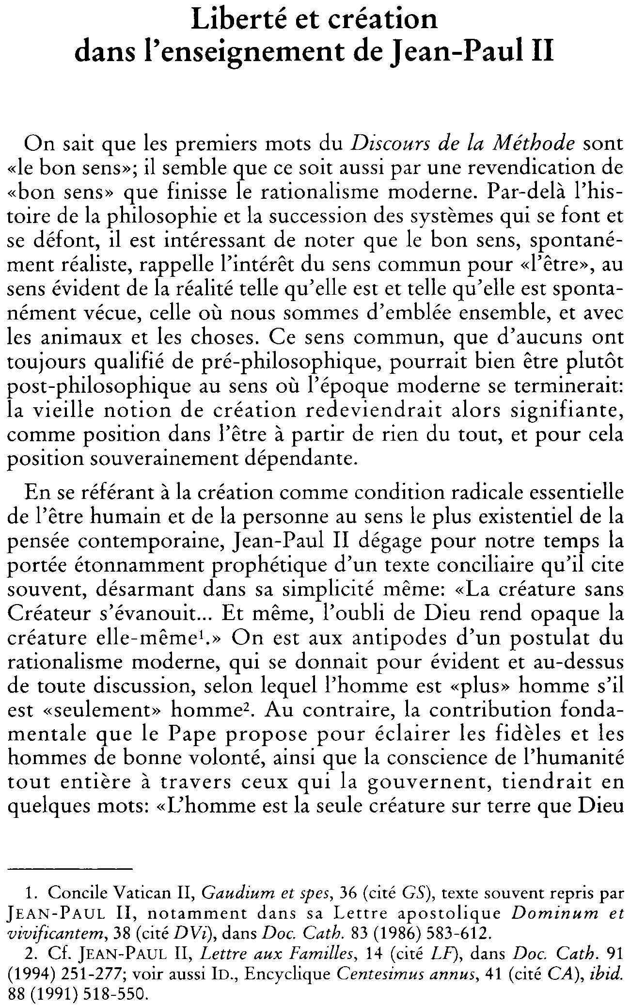 Liberté et création dans l'enseignement de Jean-Paul II