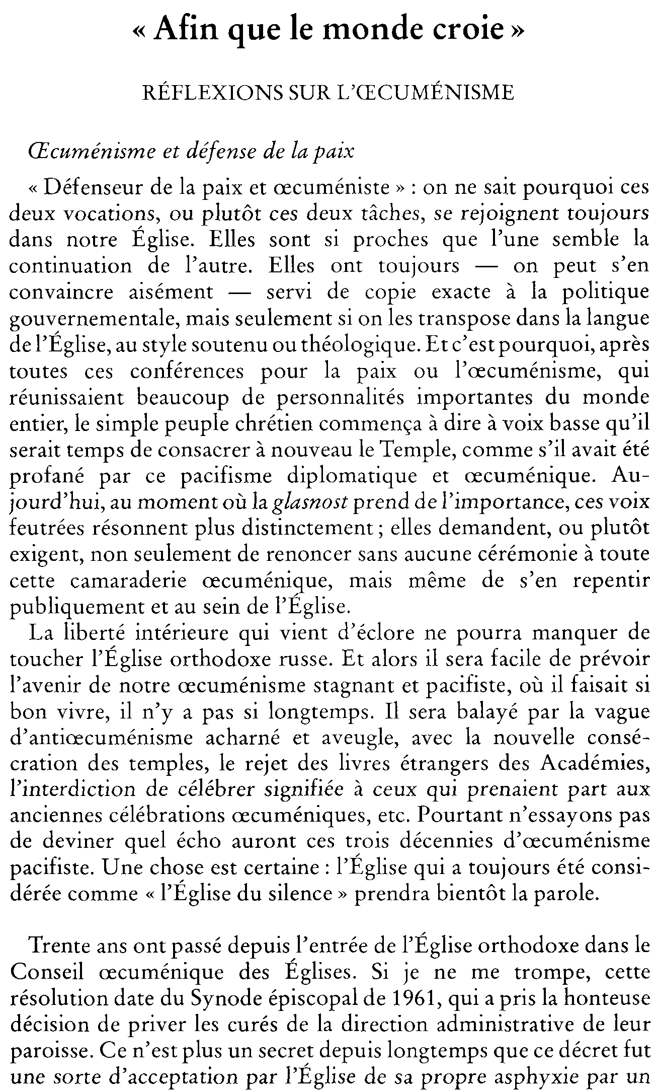 «Afin que le monde croie.» Réflexions sur l'Oecuménisme