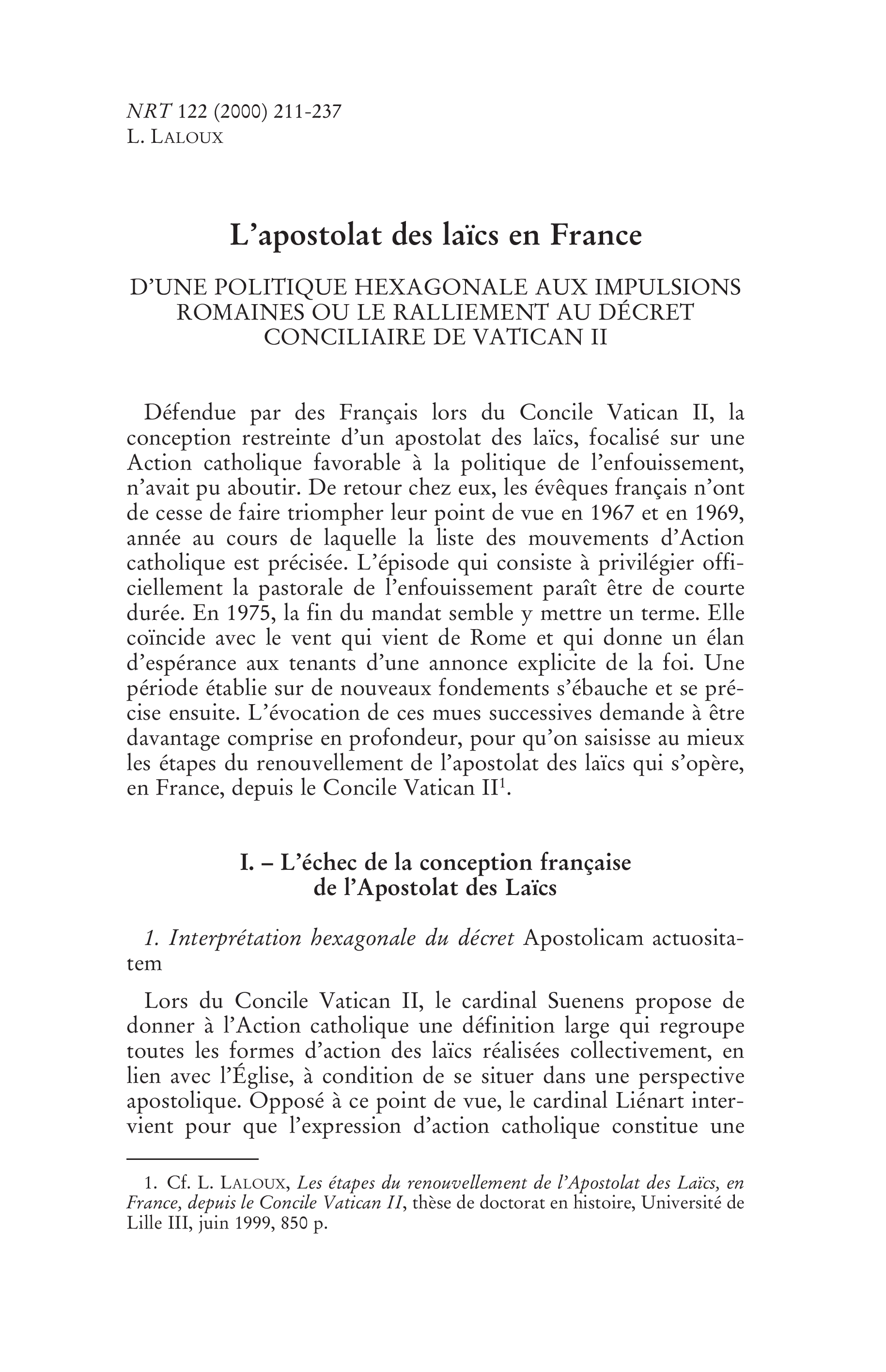 L'apostolat des laïcs en France. D'une politique hexagonale aux impulsions romaines ou le ralliement au décret conciliaire de Vatican II