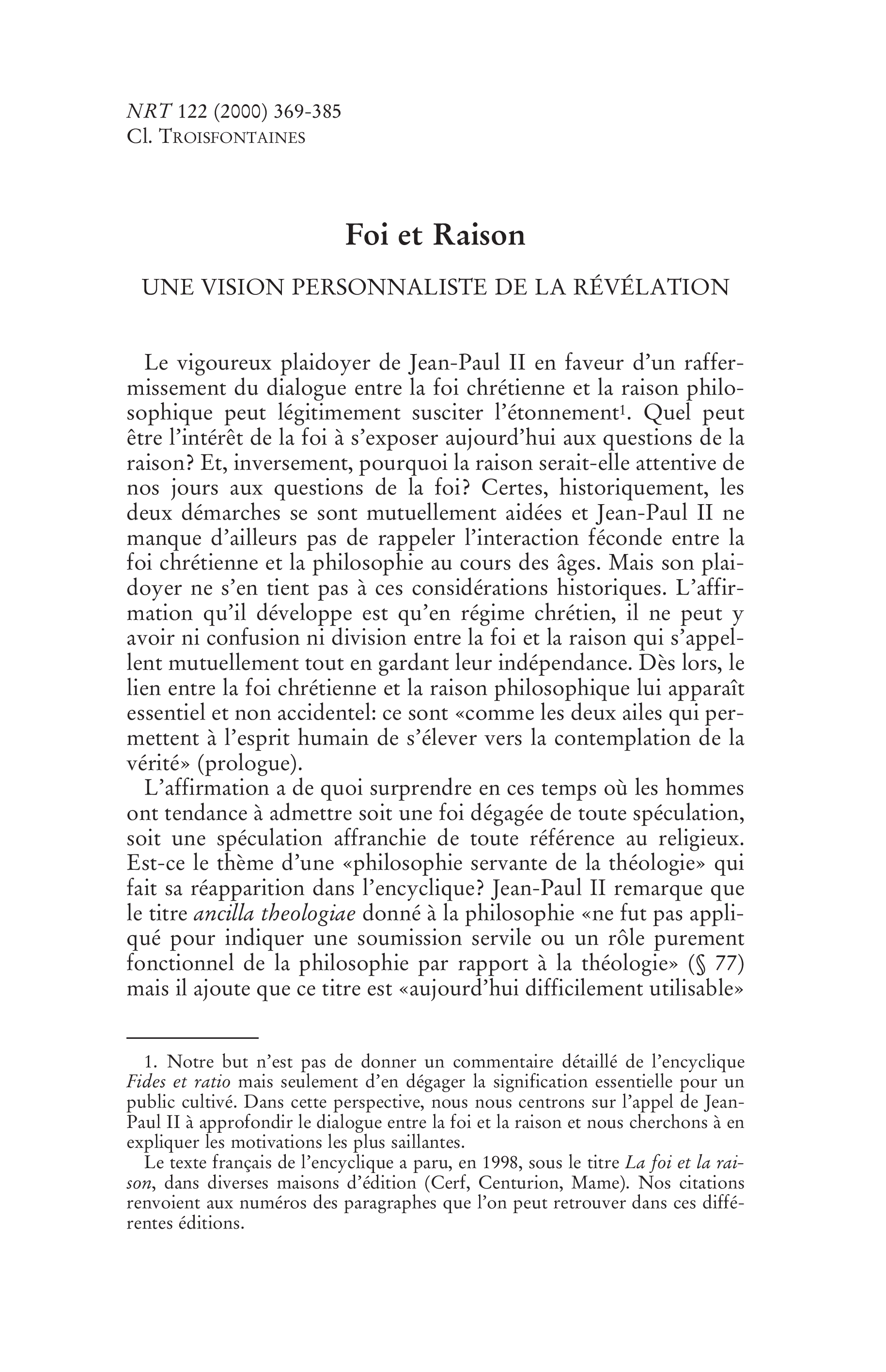 Foi et Raison. Une vision personnaliste de la révélation