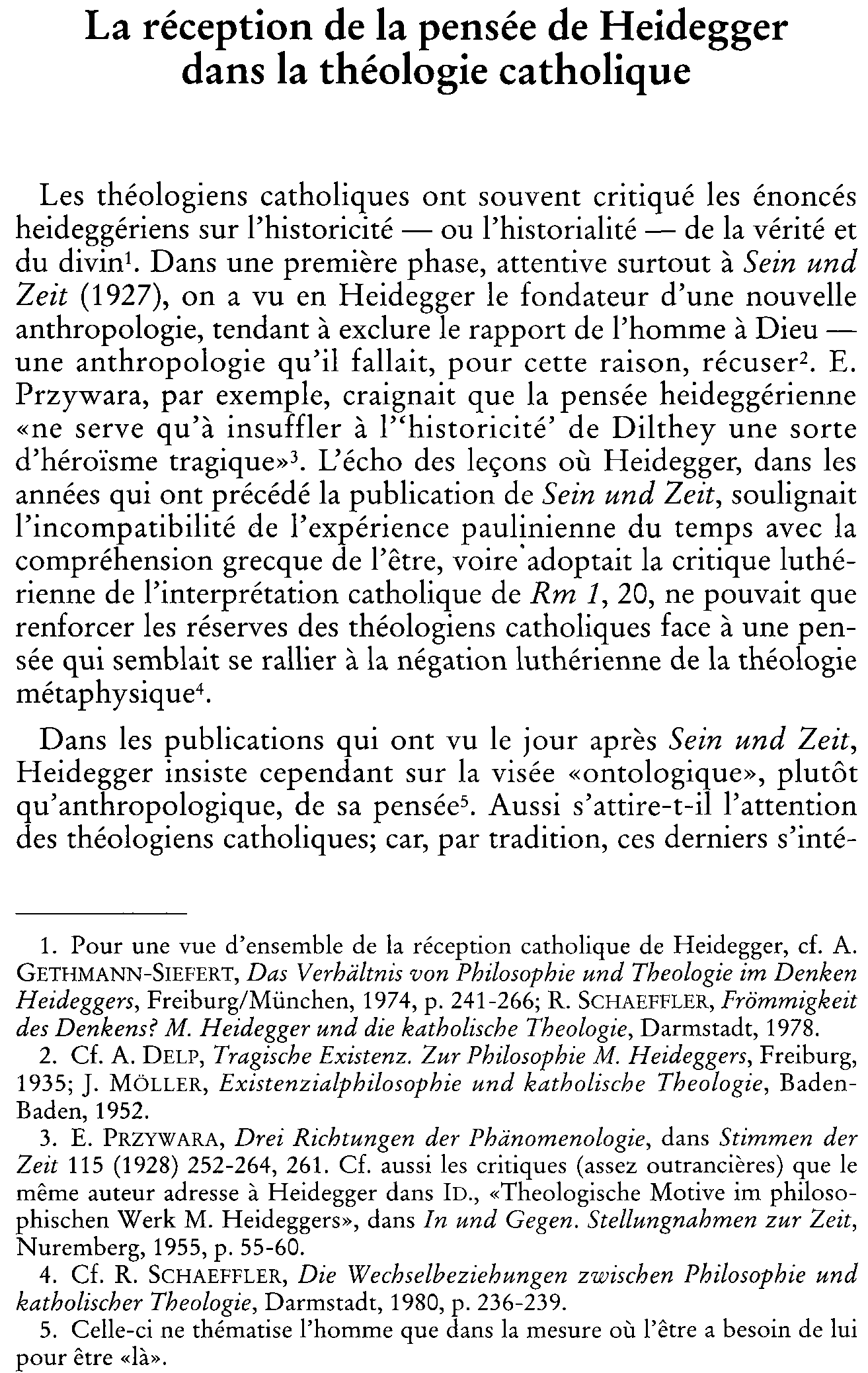 La réception de la pensée de Heidegger dans la théologie catholique