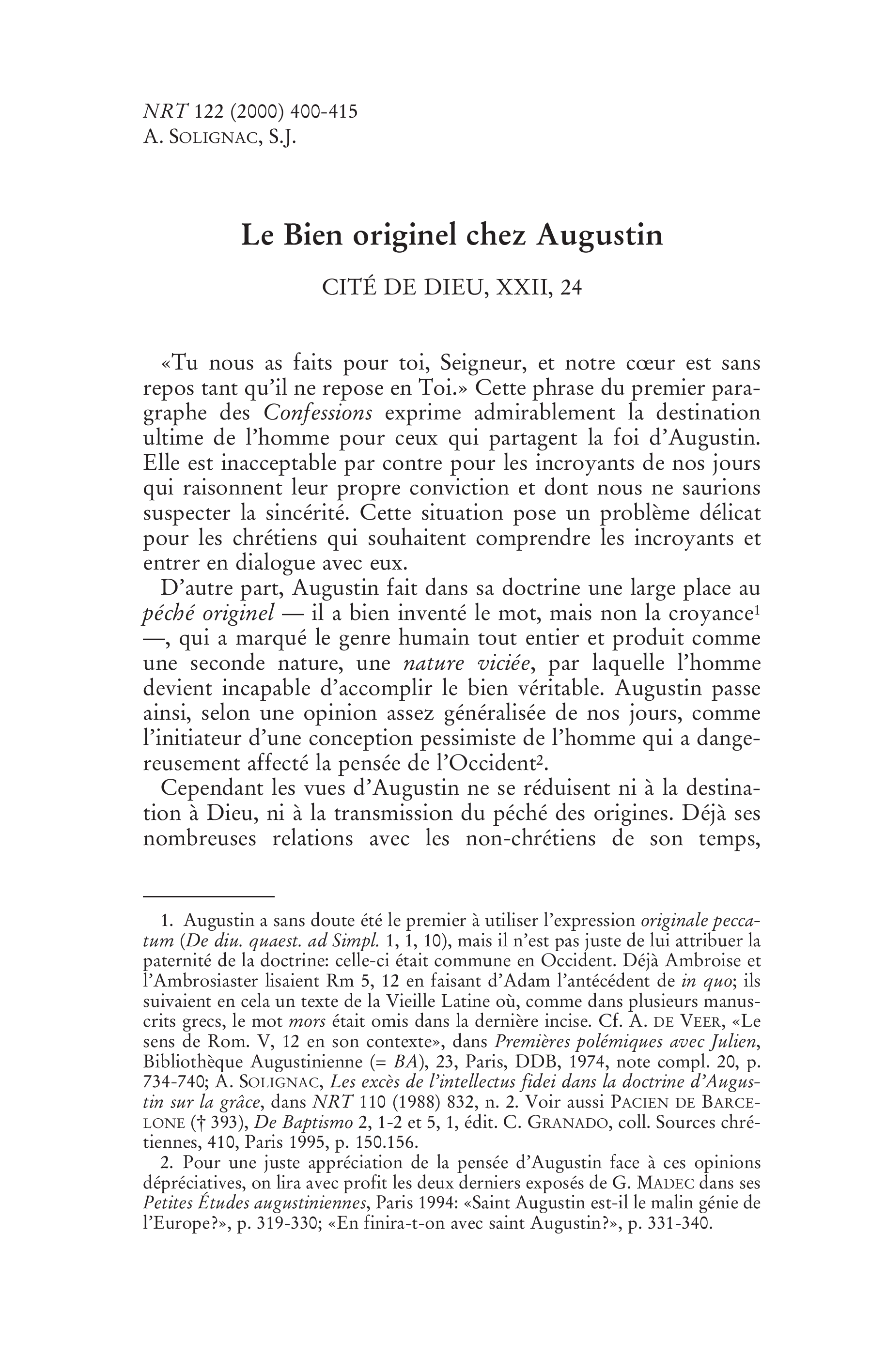Le Bien originel chez Augustin. Cité de Dieu, XXII, 24