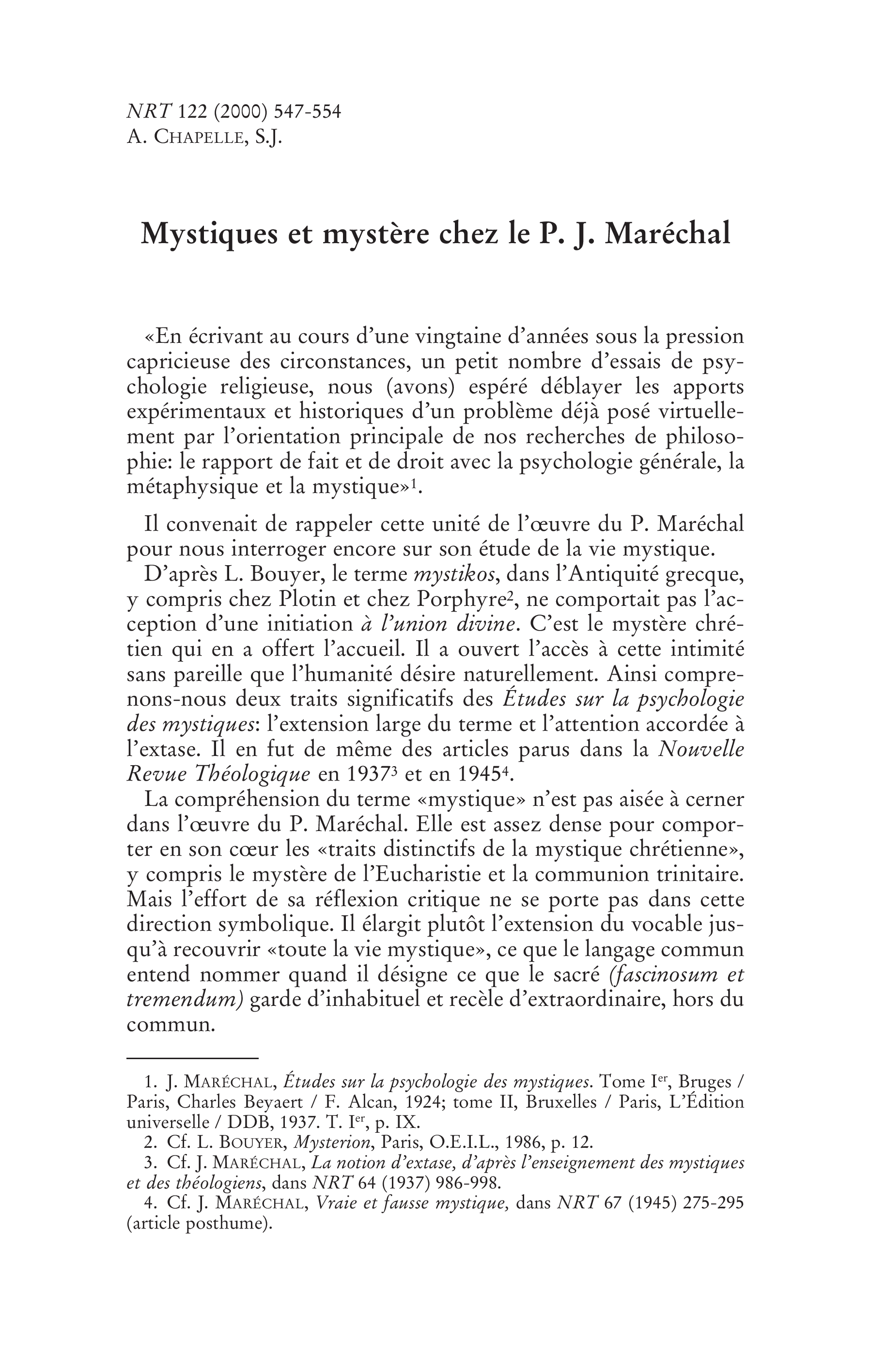 Mystiques et mystère chez le P. J. Maréchal