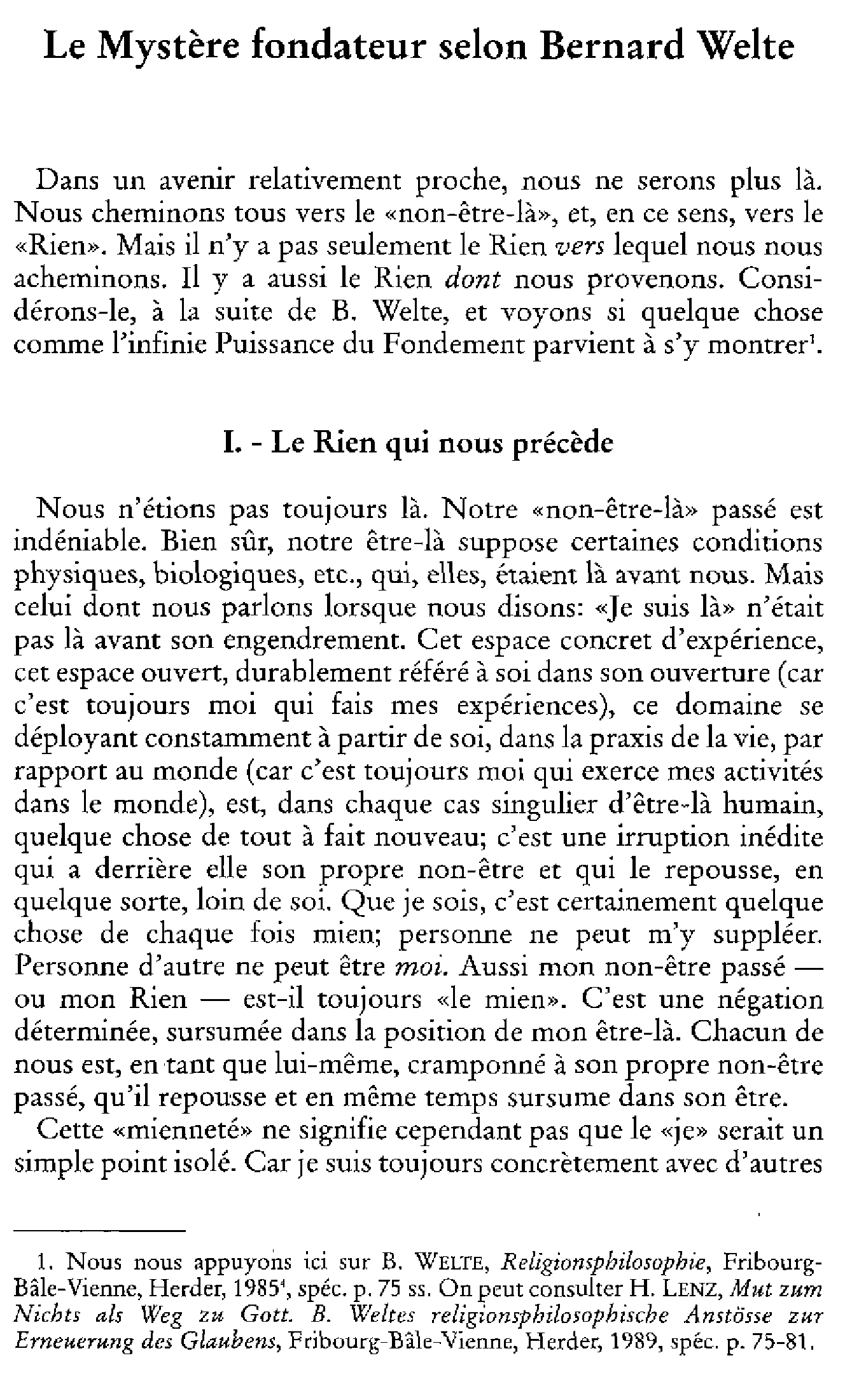 Le Mystère fondateur selon Bernard Welte