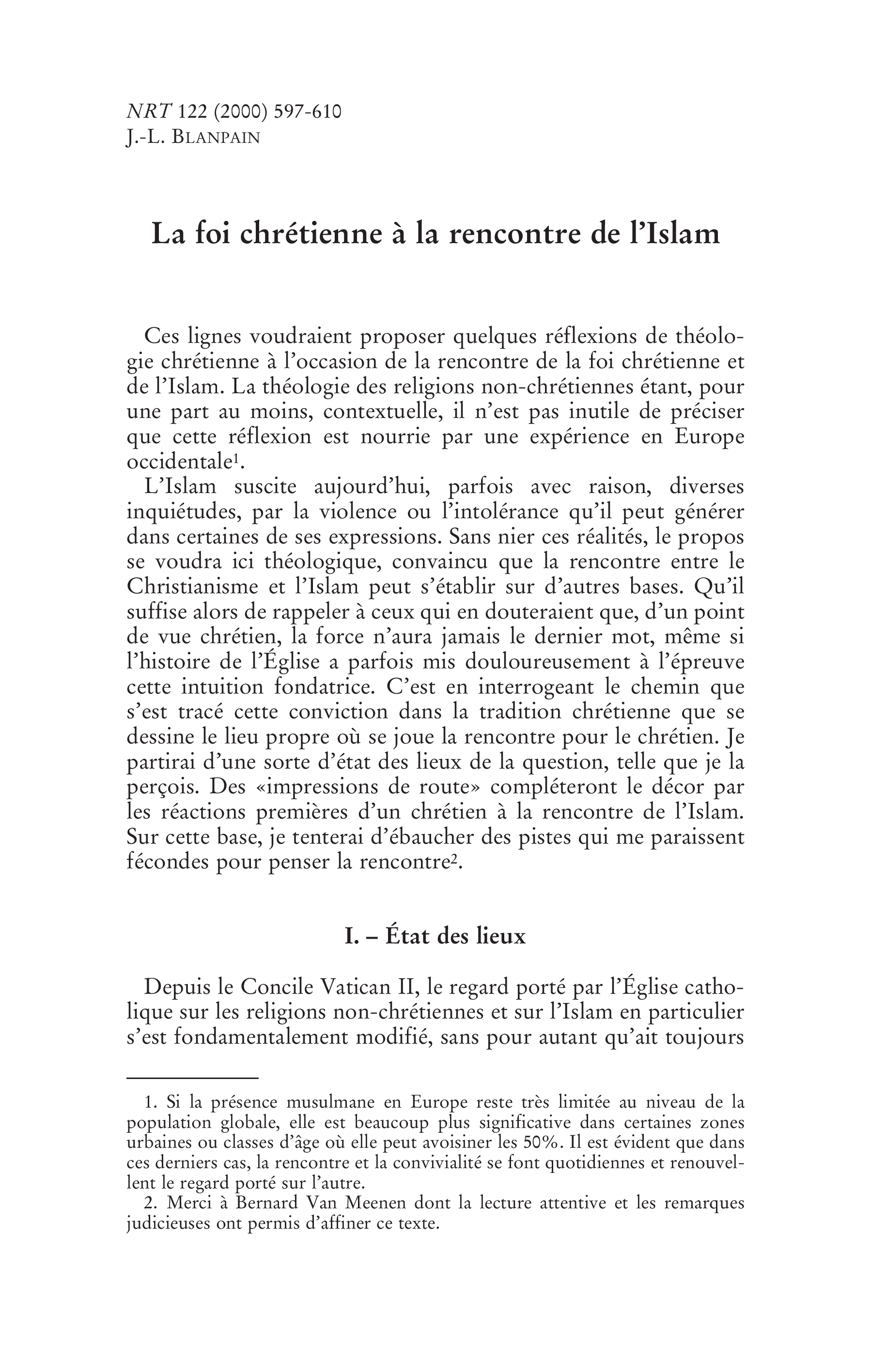 La foi chrétienne à  la rencontre de l'Islam