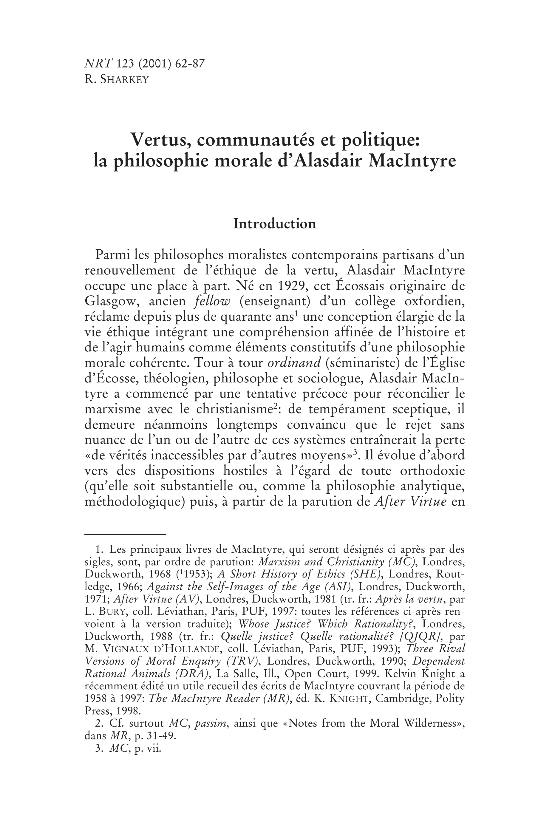 Vertus, communautés et politique: la philosophie morale d'Alasdair MacIntyre