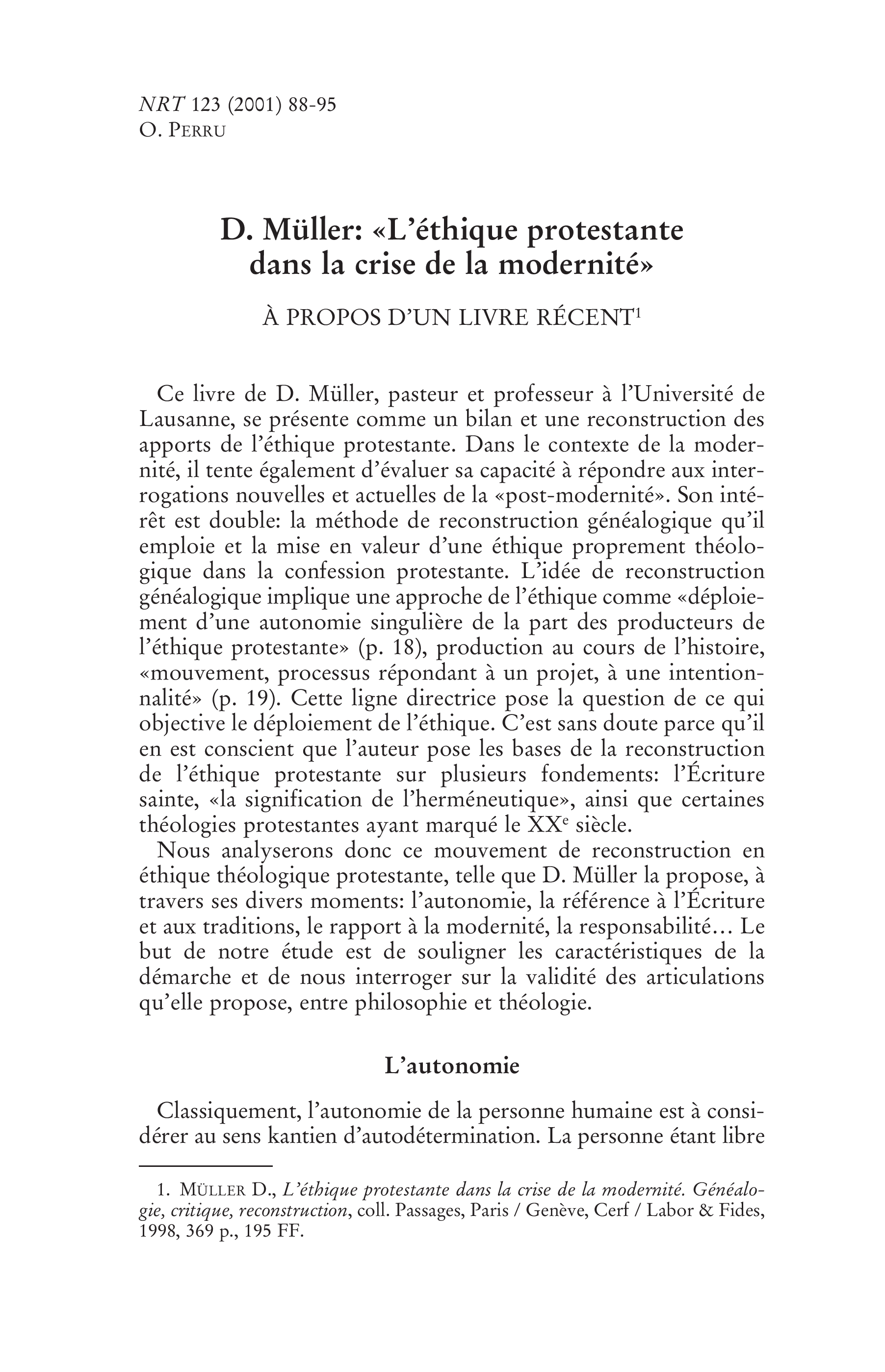 D. Müller: « L'éthique protestante dans la crise de la modernité ». À propos d'un livre récent