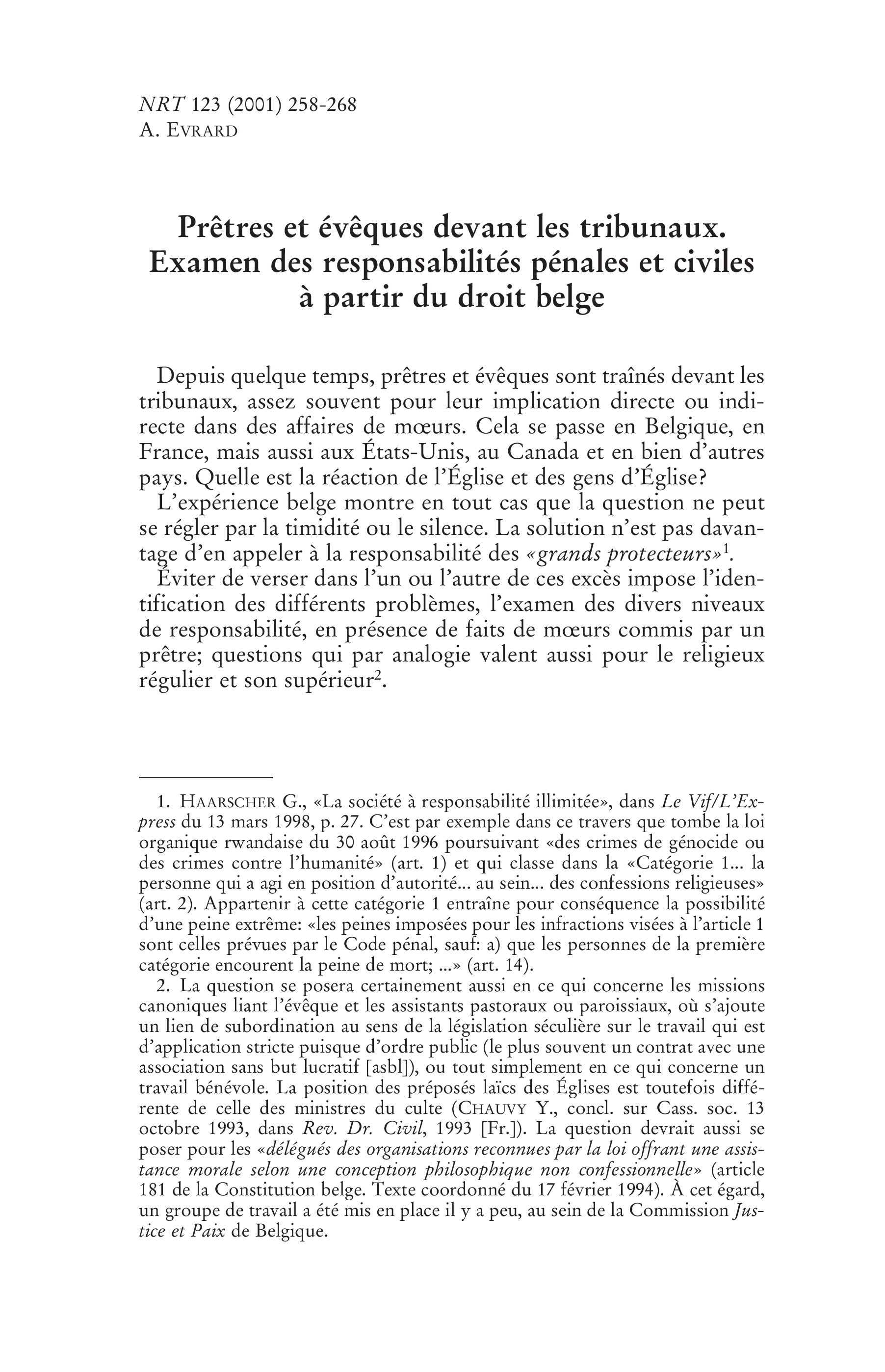 Prêtres et évêques devant les tribunaux. Examen des responsabilités pénales et civiles à  partir du droit belge