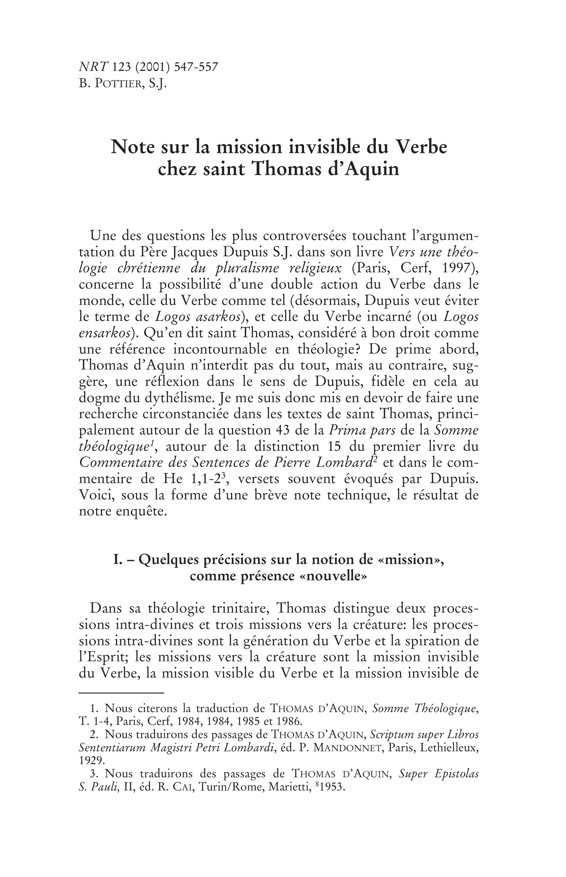 Note sur la mission invisible du Verbe chez saint Thomas d'Aquin