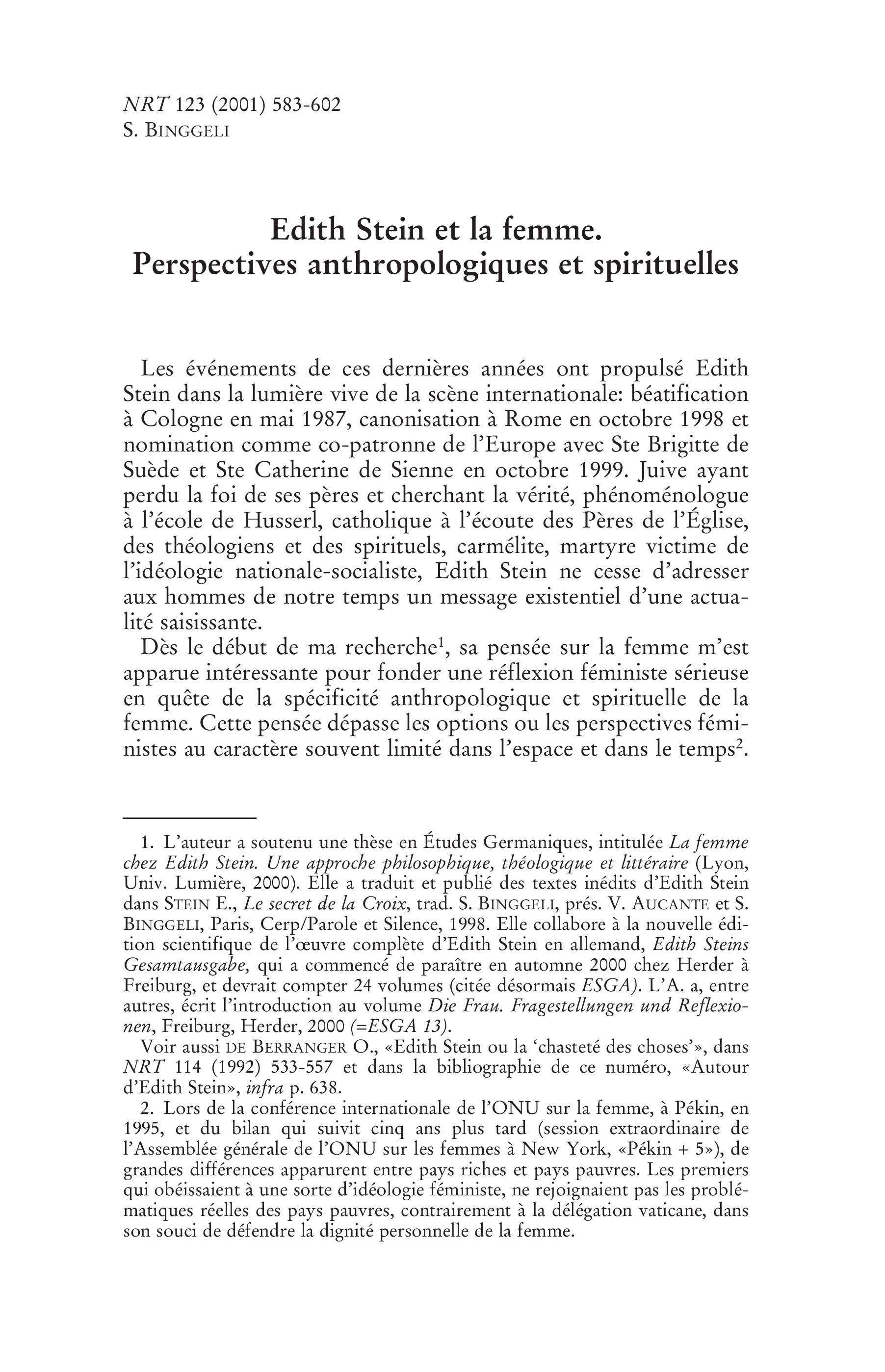 Edith Stein et la femme. Perspectives anthropologiques et spirituelles