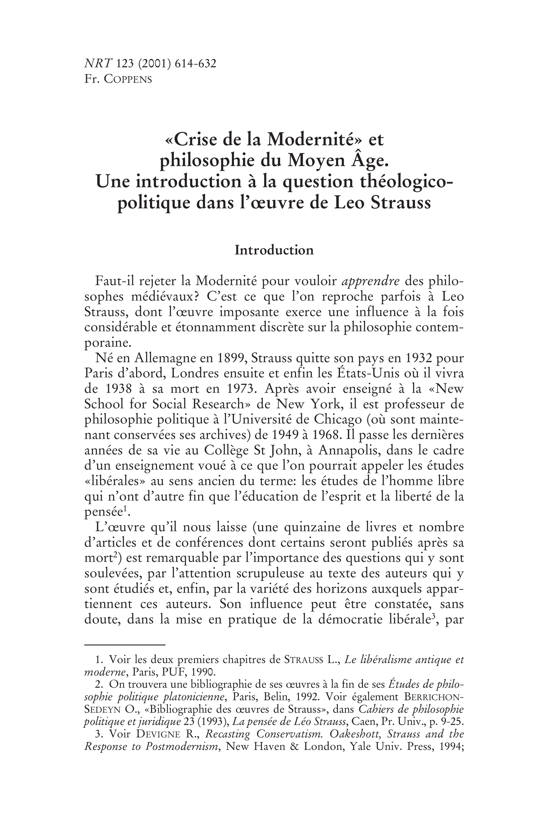 « Crise de la Modernité » et philosophie du Moyen Âge. Une introduction à  la question théologico-politique dans l'oeuvre de Leo Strauss