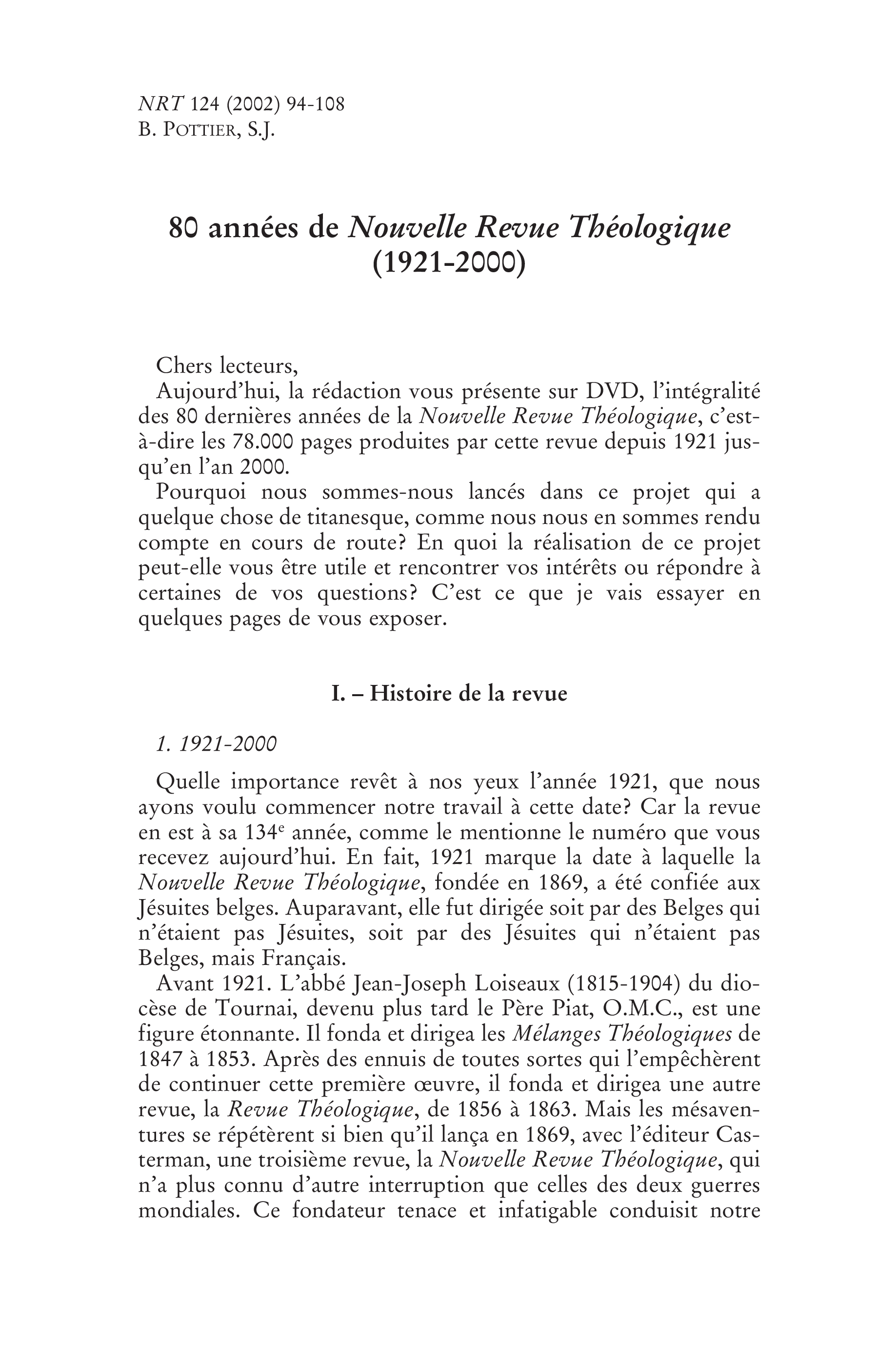 80 années de Nouvelle Revue Théologique (1921-2000)