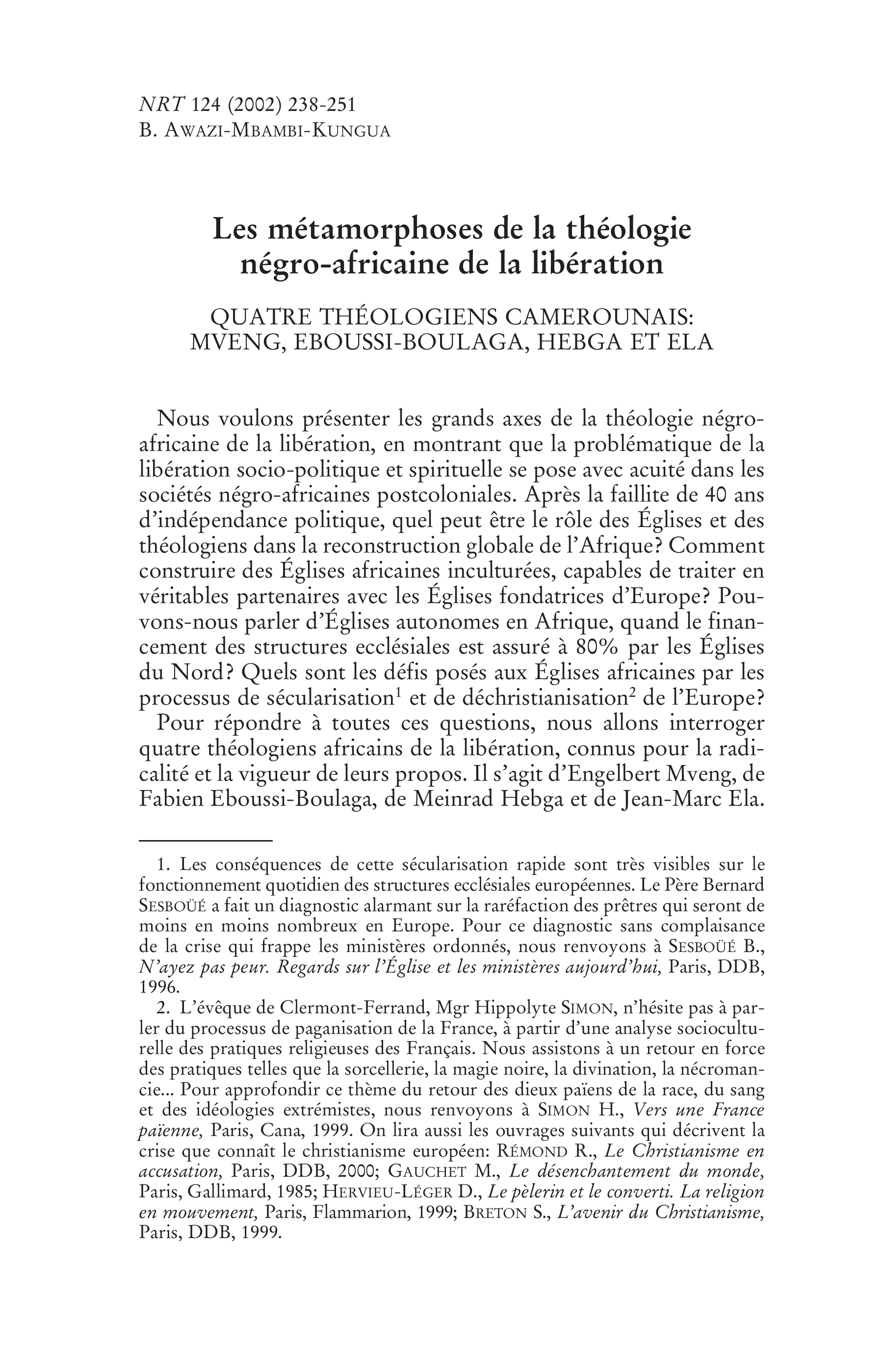 Les métamorphoses de la théologie négro-africaine de la libération