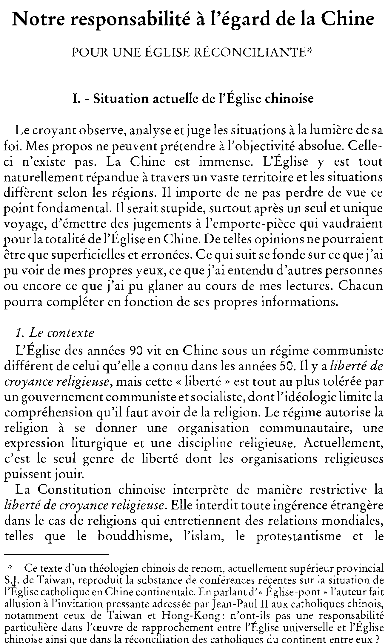Notre responsabilité à  l'égard de la Chine. Pour une Église réconciliante