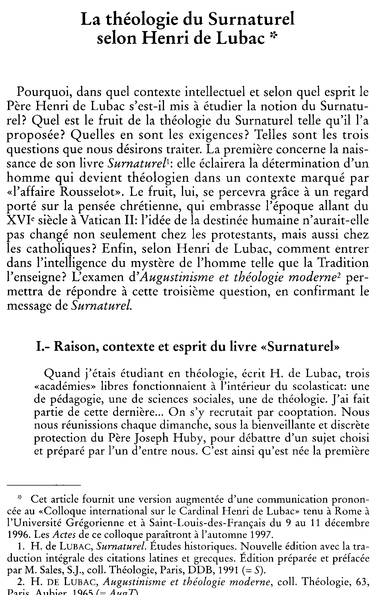 La théologie du Surnaturel selon Henri de Lubac