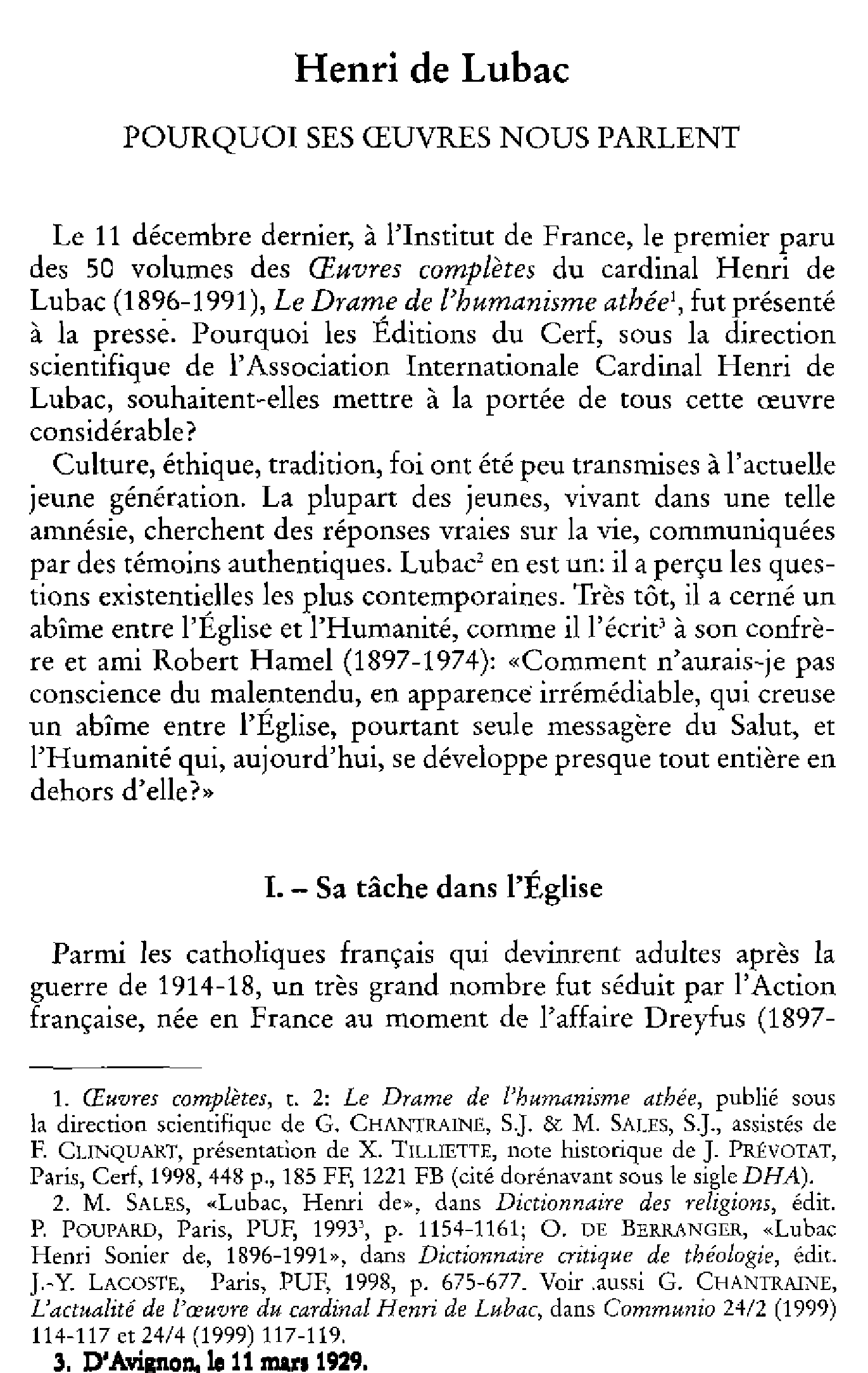 Henri de Lubac. Pourquoi ses Oeuvres nous parlent?