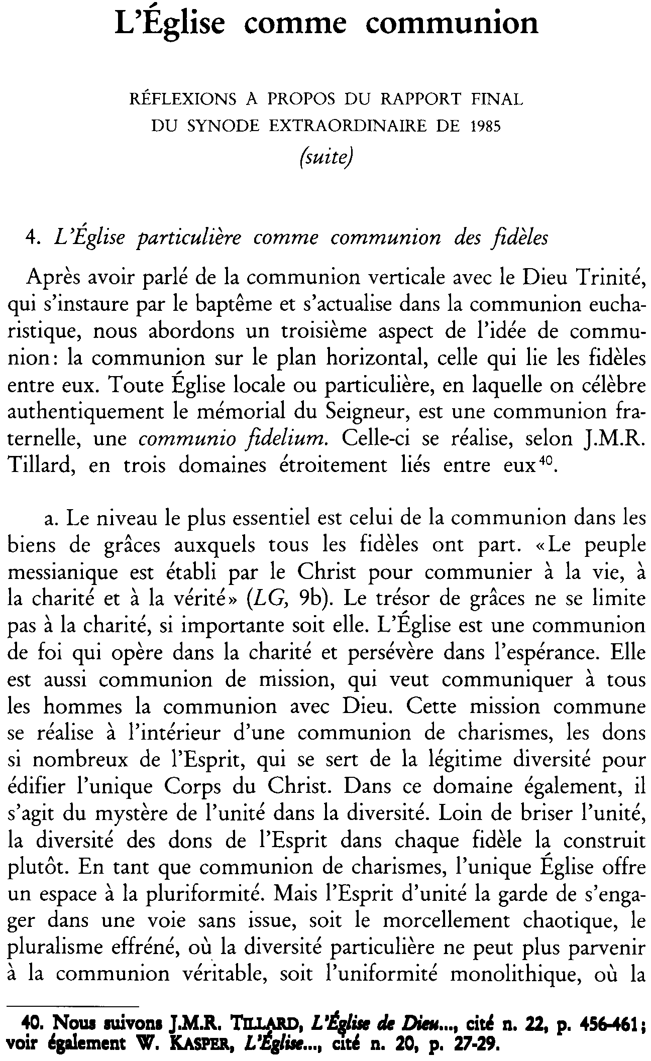L'Église comme communion. Réflexions à  propos du Rapport final du Synode extraordinaire de 1985 (suite)