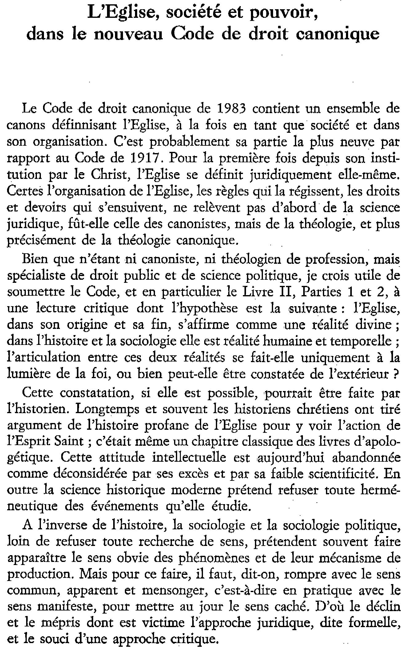 L'Église, société et pouvoir, dans le nouveau Code de droit canonique