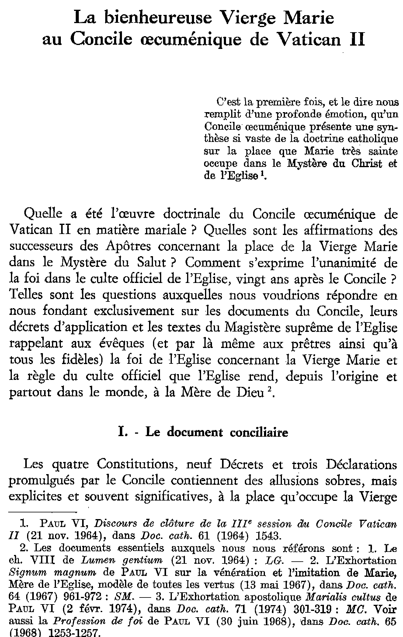 La bienheureuse Vierge Marie au Concile oecuménique de Vatican II