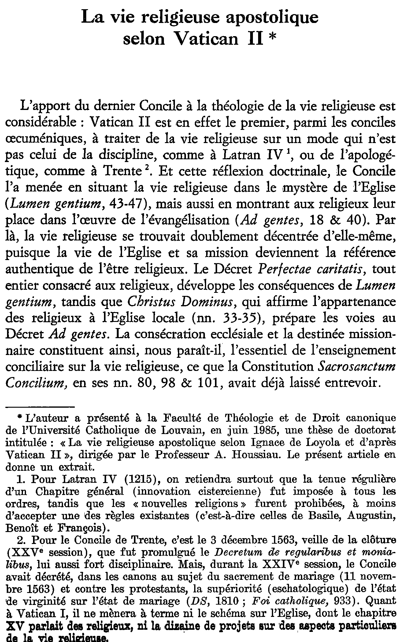 La vie religieuse apostolique selon Vatican II