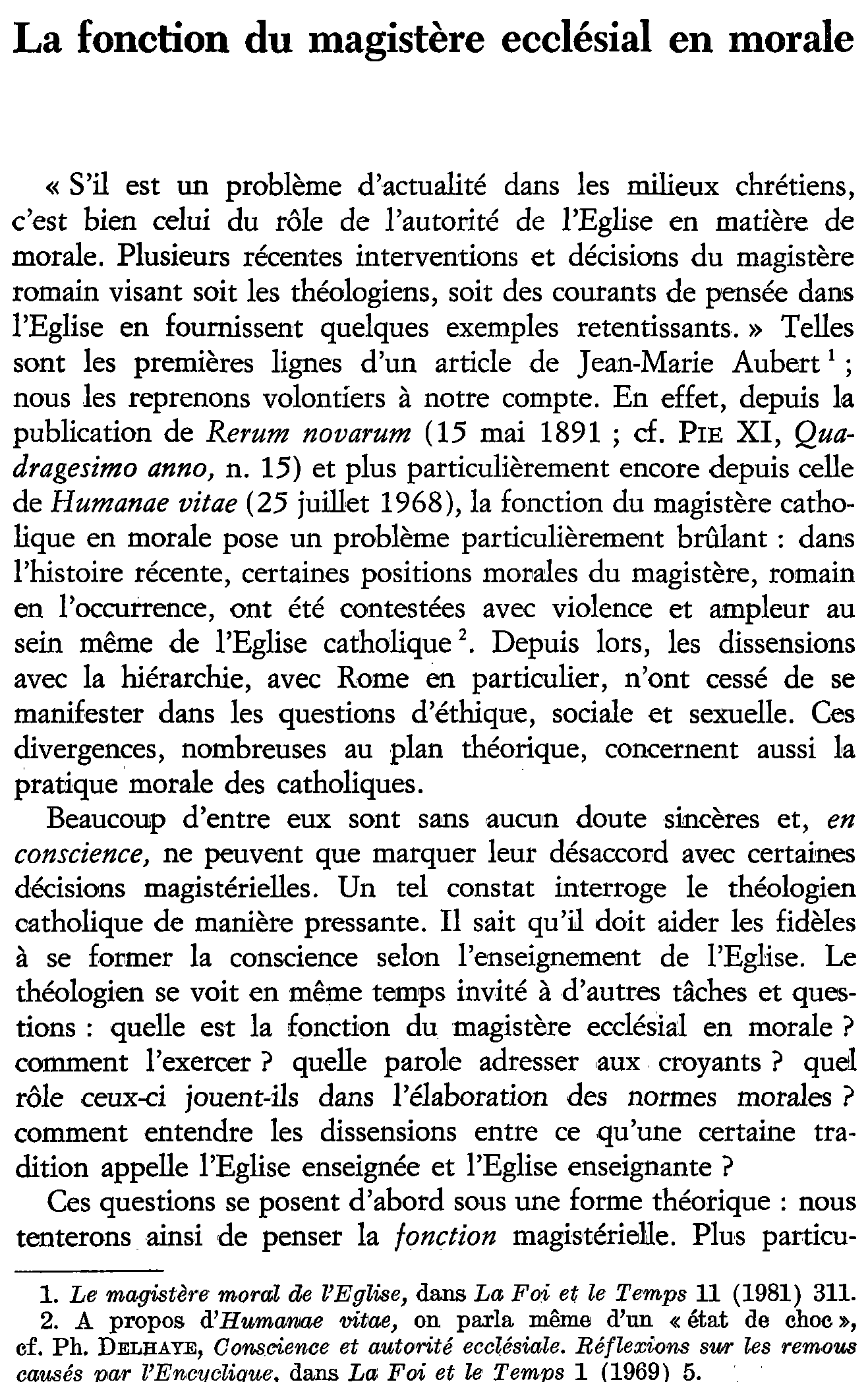 La fonction du magistère ecclésial en morale