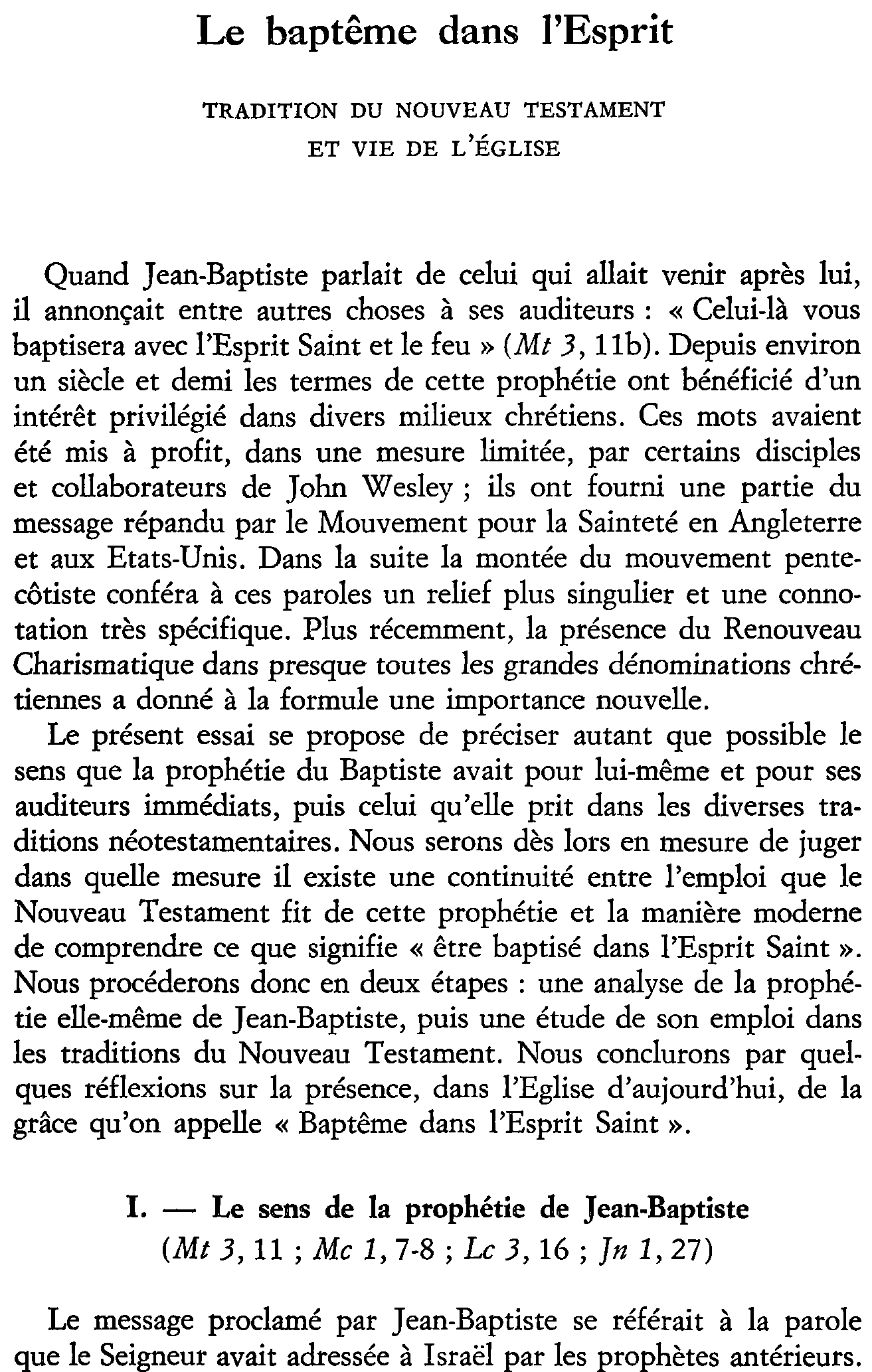 Le baptême dans l'Esprit. Tradition du Nouveau Testament et vie de l'Église