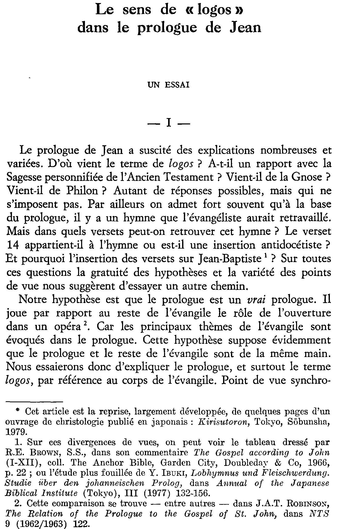 Le sens de «logos» dans le prologue de Jean. Un essai