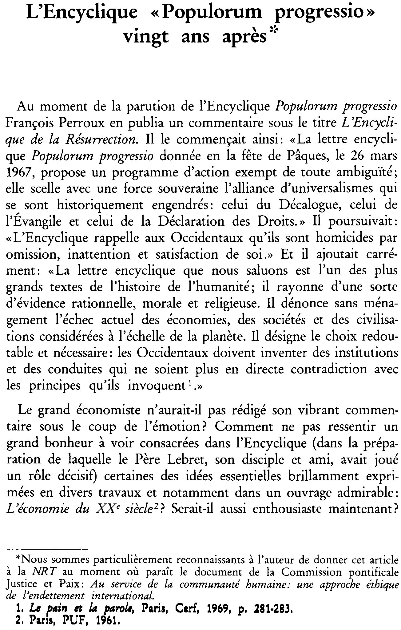 L'Encyclique Populorum progressio vingt ans après